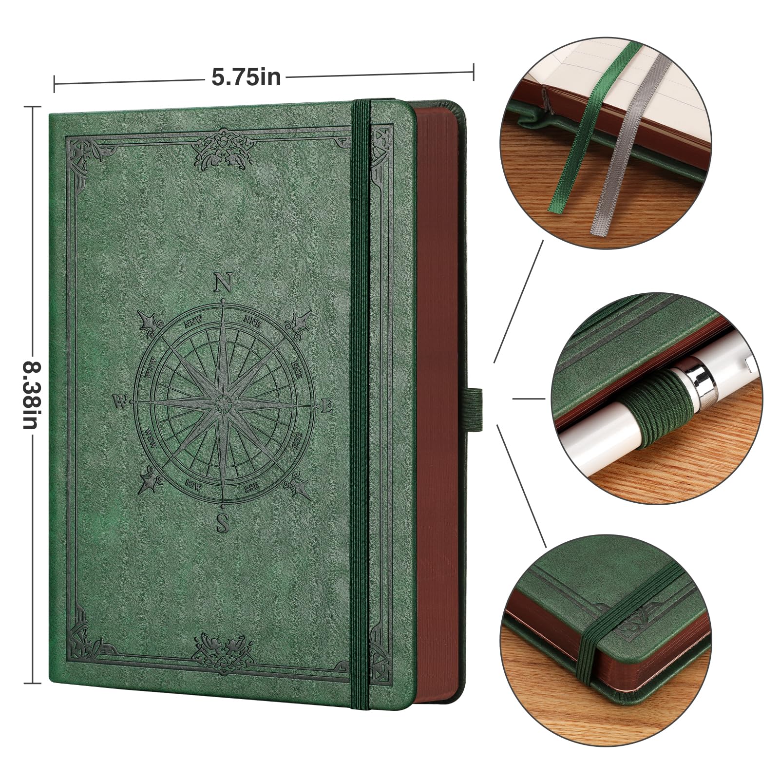 AHGXG A5 Notebook Journal Dotted, Hardcover Note Book Leather Journals for Women, 320 Numbered Pages for Writing, 100gsm Lined Paper, for Men Work Office School,Dark Green