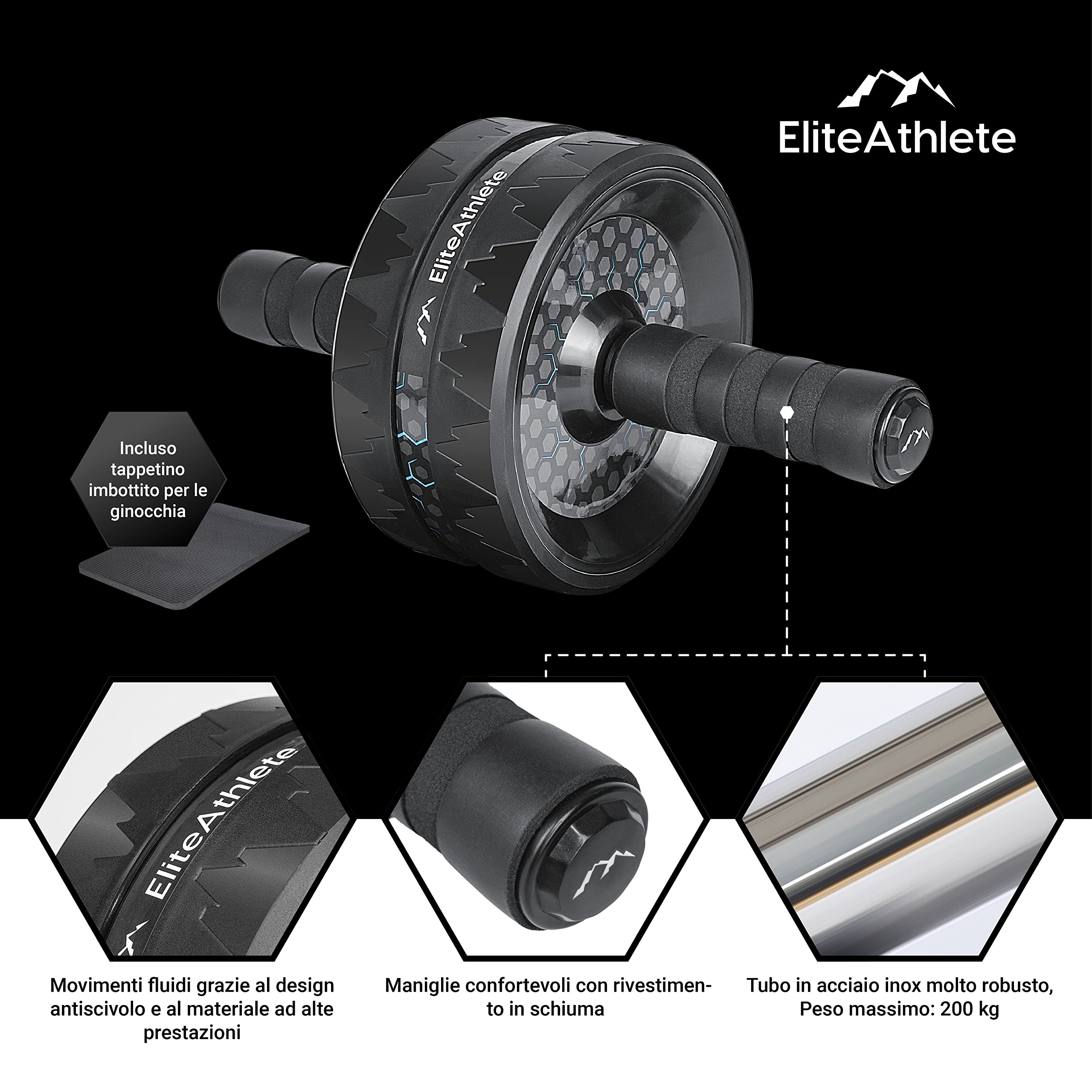 EliteAthlete AB Roller, attrezzo per addominali, per addominali, per la casa, per la pancia, per l'allenamento addominale, AB Wheel, con tappetino imbottito per ginocchia