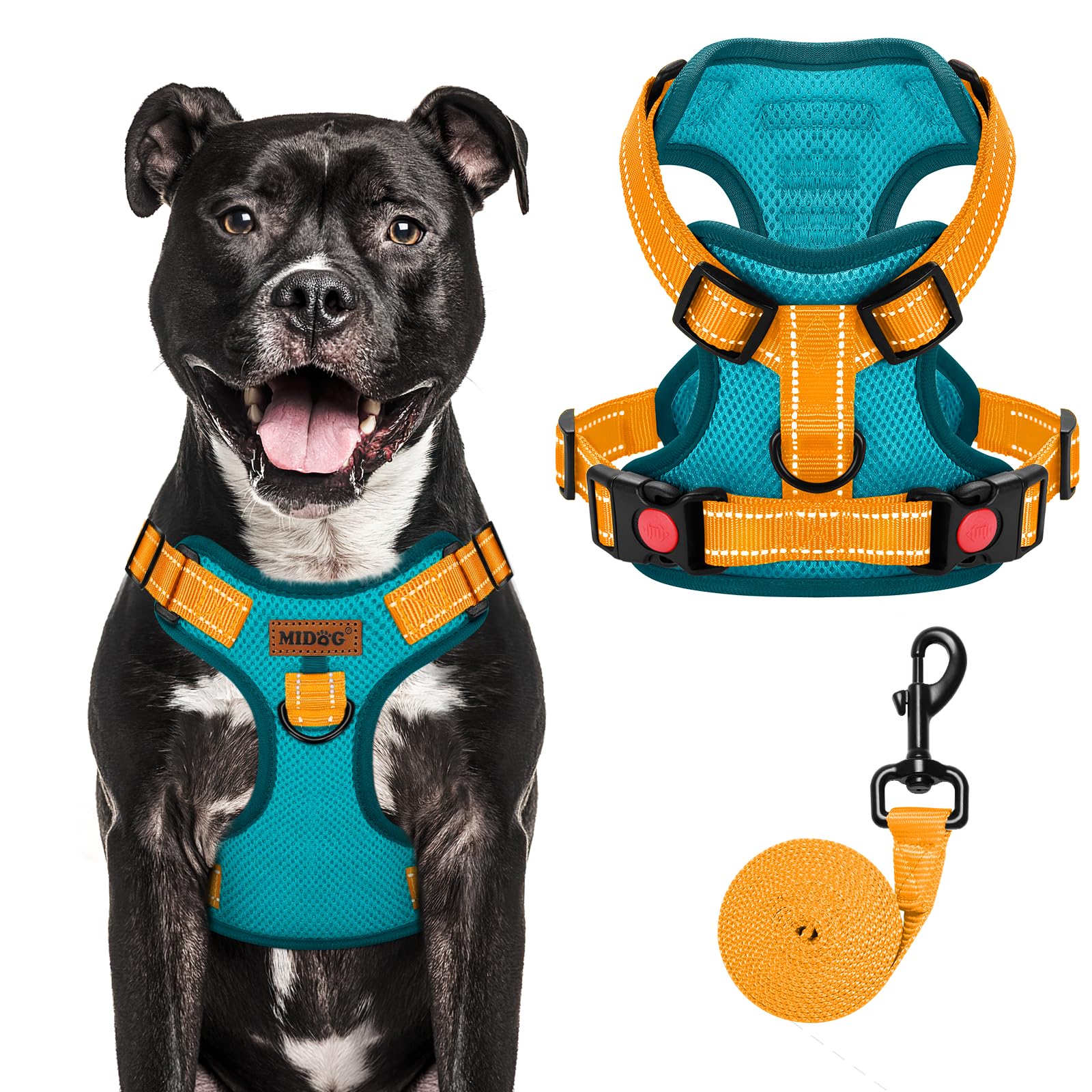 MIDOG No-Pull Dog Harness | Adjustable & Reflective Pet Harness Leash Set for Small Medium Large Dogs Walking, Training| No Choke, Front Clip, Soft Padded Vest with Easy Control Handle - Blue, L