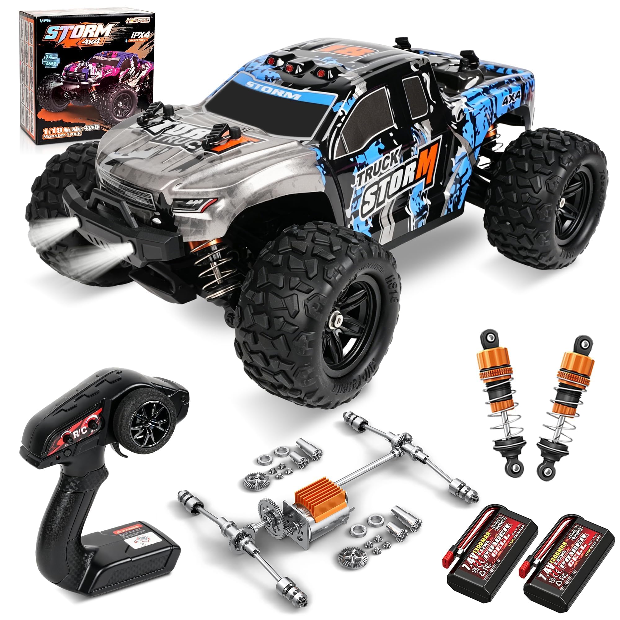 Coche teledirigido – 1:18 Rc Auto 40 KMH de alta velocidad 4WD 2,4 GHz camión de control remoto todoterreno con dos baterías recargables para adultos y niños – Azul