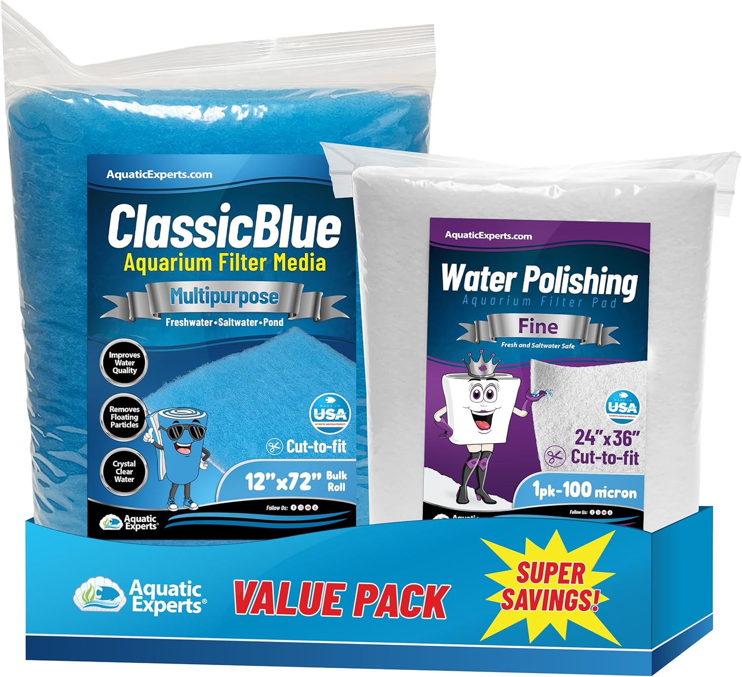 Aquatic Experts 12"x72" ClassicBlue Filter Pad + 100 Micron Polishing Pad, Made in USA (Value Pack)