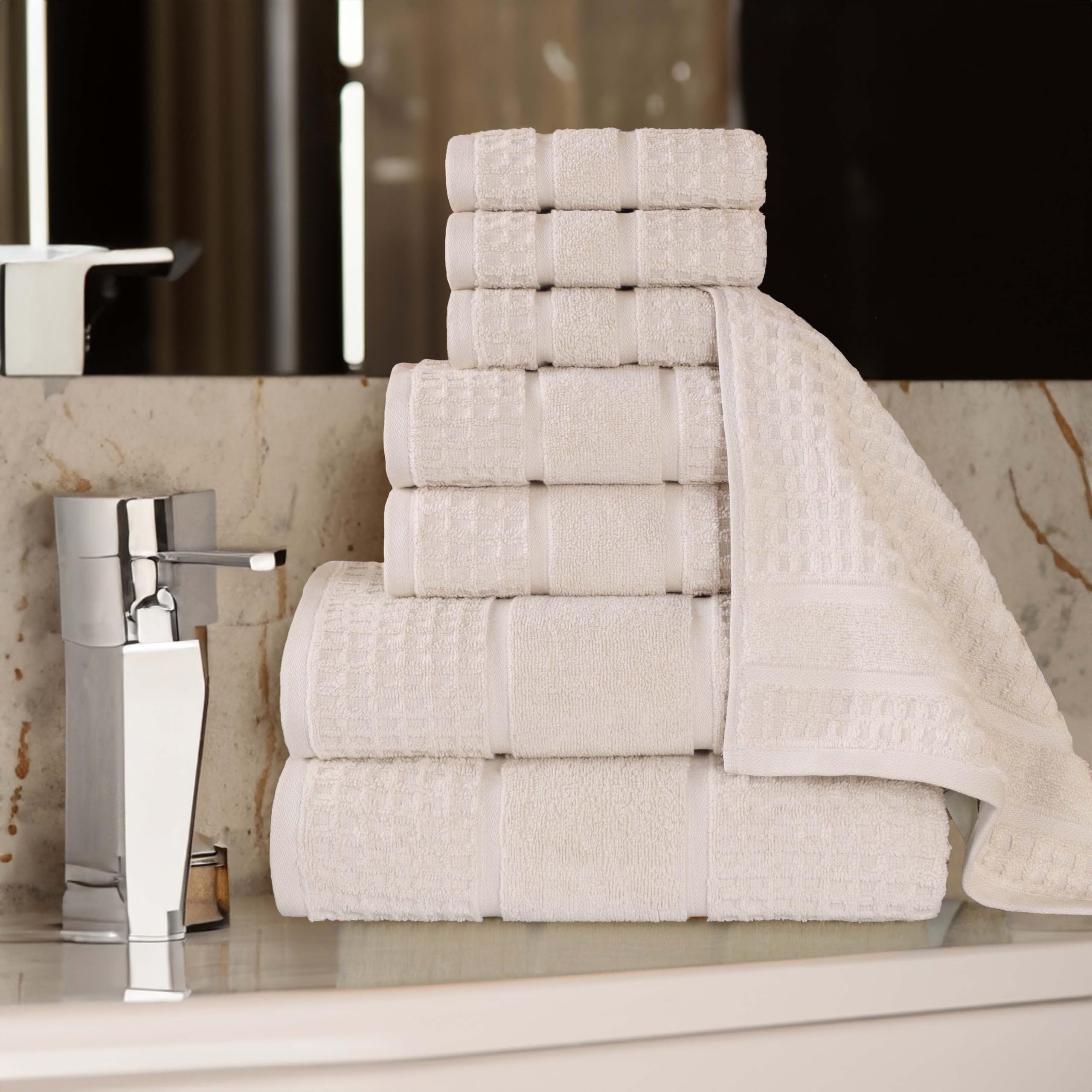 Superior Cotton 8-Piece Towel Set, Zero Twist, Waffle Border, Bathroom Essentials, Shower, Spa, Luxury Plush Soft Absorbent Towels, Includes 2 Bath, 2