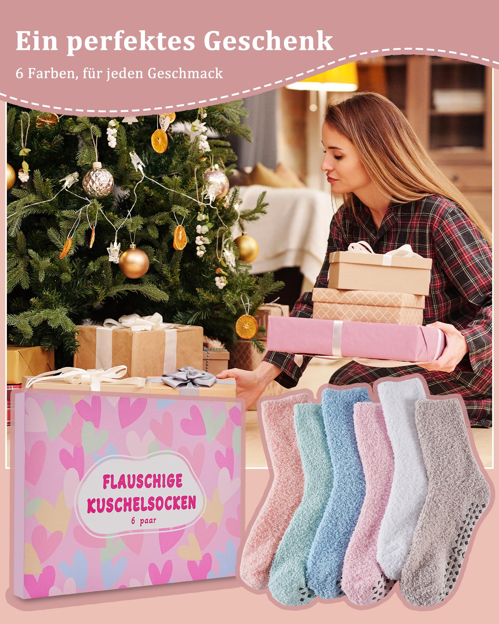 SukModen Przytulne skarpety stoperowe damskie, 6 par, puszyste skarpety, ciepłe, pluszowe skarpety, puszyste skarpety Cozy, antypoślizgowe skarpety z wypustkami, skarpety do łóżka, skarpety domowe