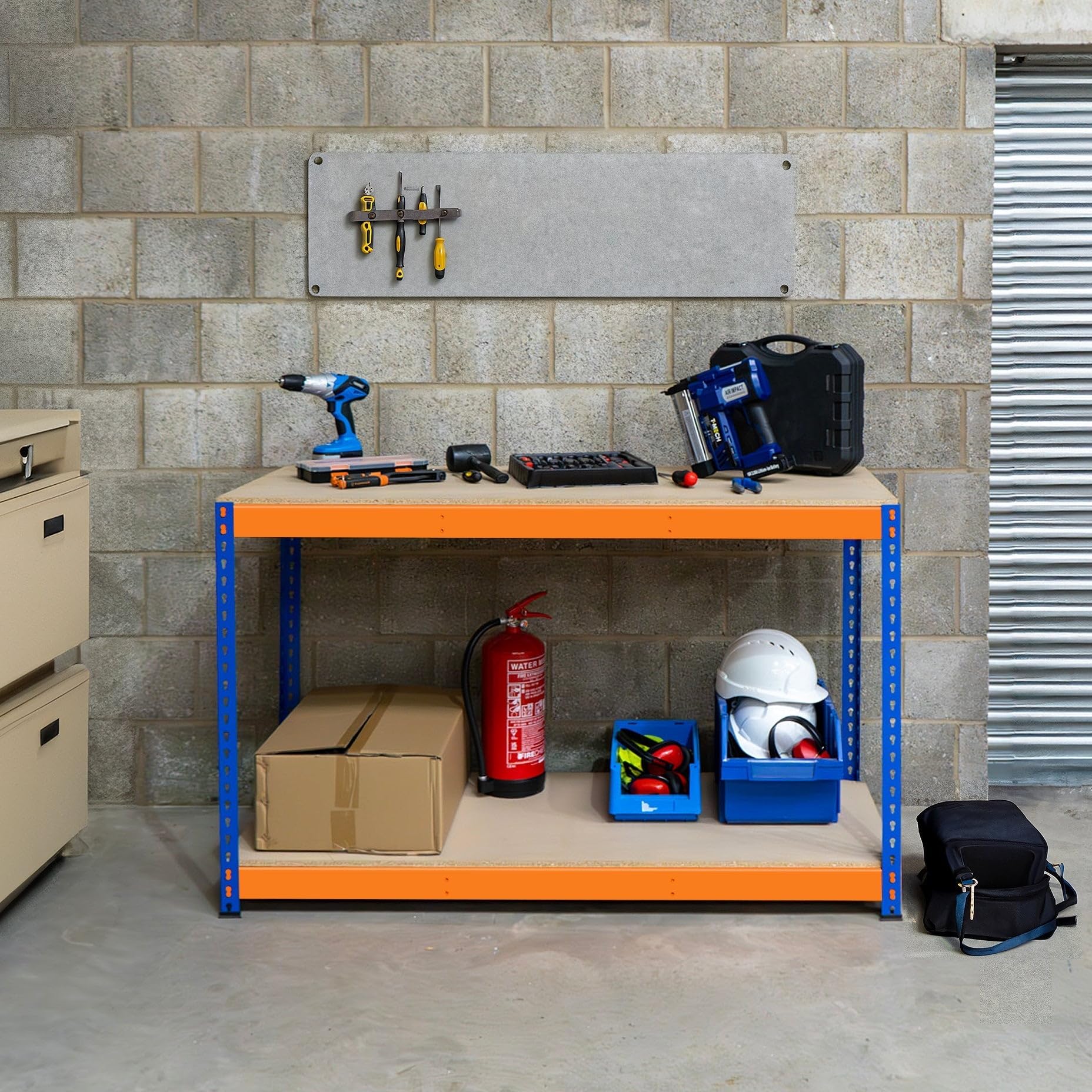 Établi Ajustable à 2 Niveaux S-Rax, Plan de Travail en Bois Aggloméré Robuste, Capacité 300kg, Bricolage Atelier Garage, Assemblage Sans Boulons, Pieds en Caoutchouc, 6 Renforts [150cm x 60cm x 90cm]
