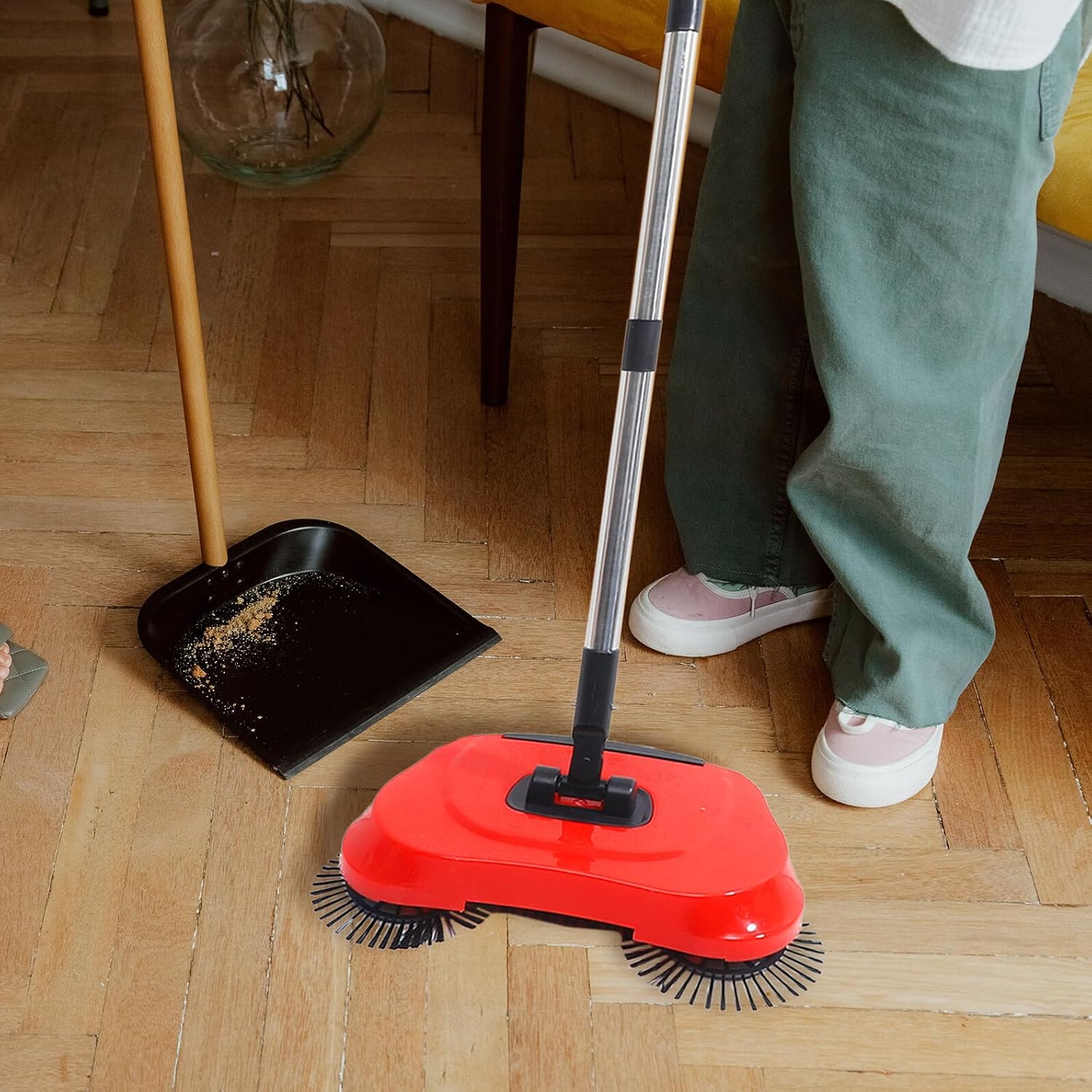 Multi-Function Push Sweeper Broom with Dustpan and Enclosed Trash Bin Rotating Floor Mop for Efficient Home Cleaning Abs Stainless Steel Red