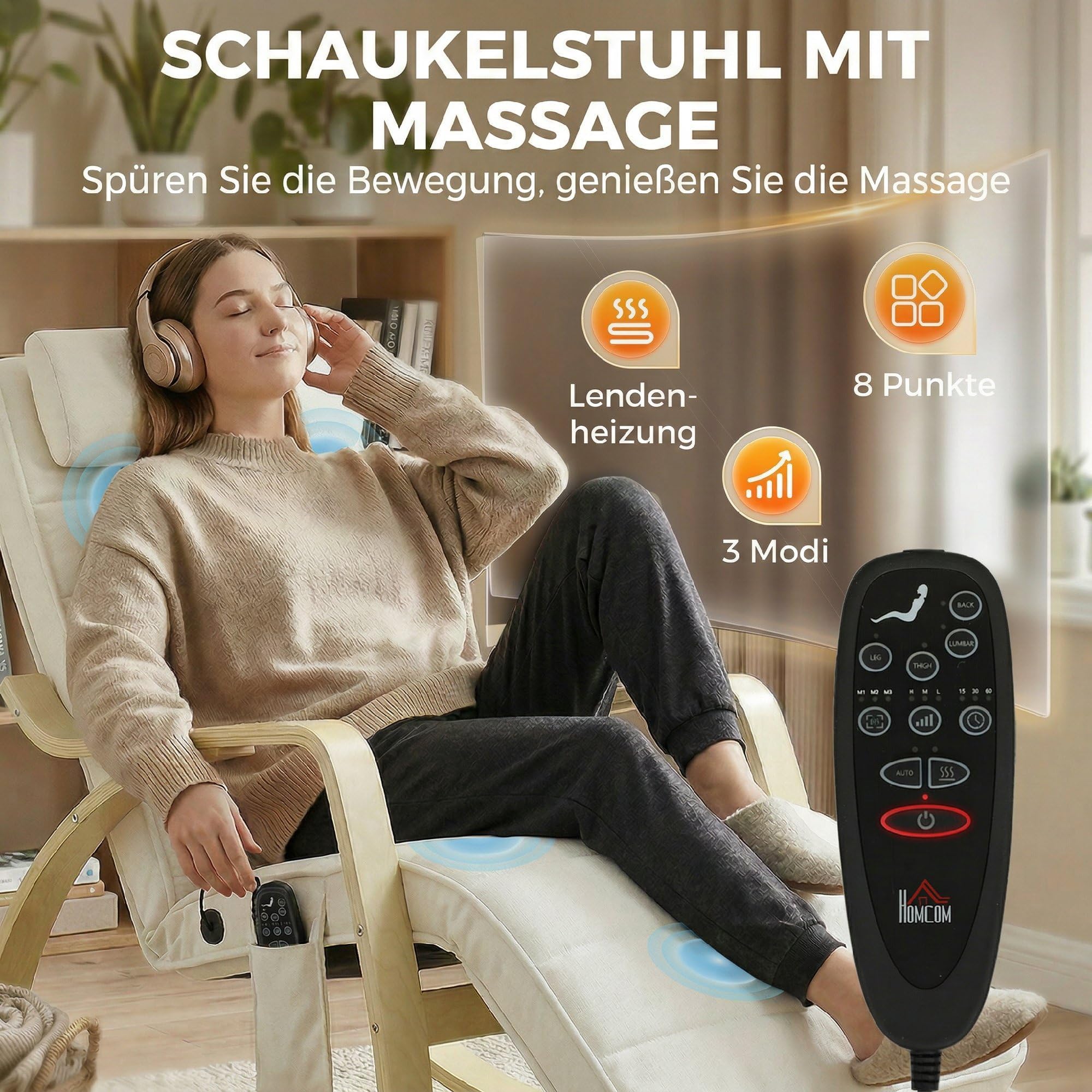 HOMCOM Schaukelstuhl Schaukelsessel mit Massagefunktion Heizung Kopfstütze 5-Fach verstellbare Fußstütze, Relaxstuhl mit Samtoptik Seitentasche, Schwingsessel für Wohnzimmer, Schlafzimmer, Cremeweiß