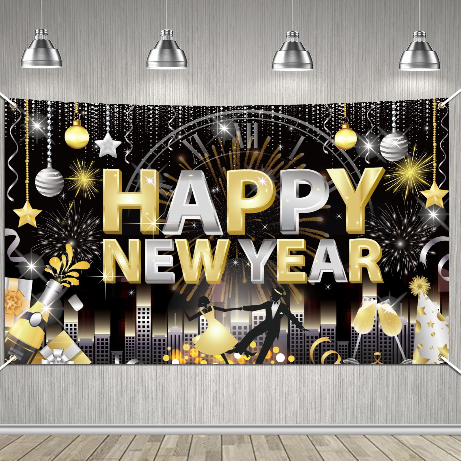 HOWAF Happy New Year Banner, Happy New Year Decorations 2026 Backdrop New Years Eve Party Supplies Photo Background Banner for Black Gold NYE