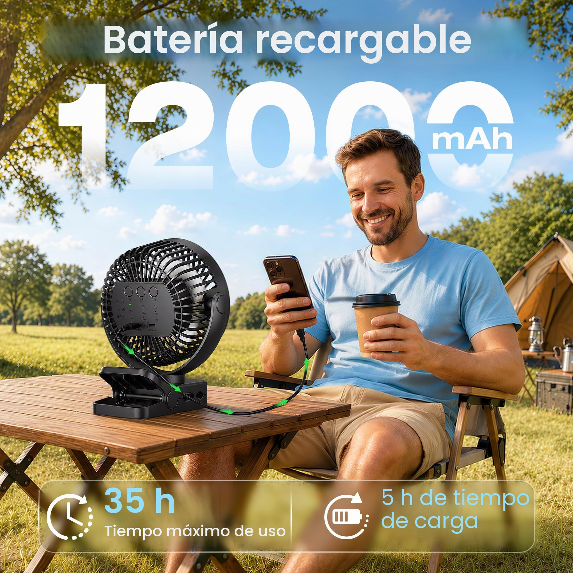 USB Ventilador Portátil Recargable 12000mAh 4 en 1 Ventilador Mesa Pinza Magnético con Mando 3 Velocidades Luz LED Temporizador 360°, Ventilador Sobremesa para Coche Camping Carro Bebé, Negro