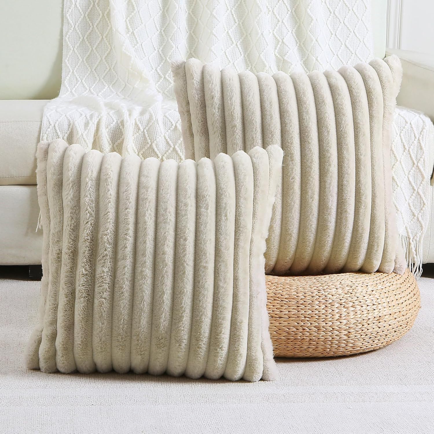 AEROHAVEN™ Premium Faux Rabbit Fur Plush Luxury Soft Fluffy Striped Decorative Throw Pillow/Cushion Covers for Sofa, Couch, Living Room - CC283 - (2, Beige, 16 x 16 Inch)-image-41
