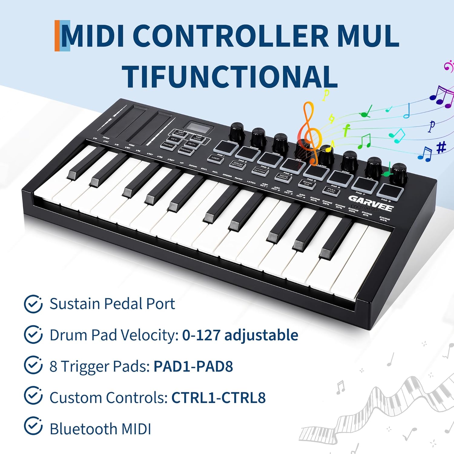 25-Key MIDI Keyboard Controller, Compact USB/DAW Integrated Keyboard with 8 Drum Pads, 8 Knobs & OLED Display. Ideal for Musi8 Drum Pads, 8 Knobs & OLED Display, Compact, Perfect for Music Production