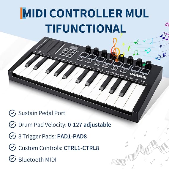 Garvee 25-Key MIDI Keyboard Controller USB MIDI Keyboard for Computer Recording, Portable MIDI Controller with Velocity-Sensitive Keys, Assignable Knobs & Pads for Beginners and Home Studio