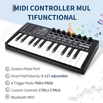 Garvee 25-Key MIDI Keyboard Controller USB MIDI Keyboard for Computer Recording, Portable MIDI Controller with Velocity-Sensitive Keys, Assignable Knobs & Pads for Beginners and Home Studio