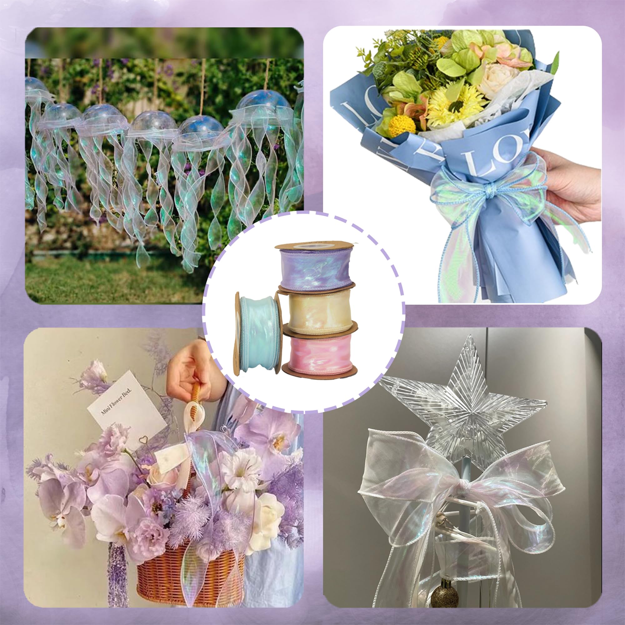 Crafans Lot 3 Rubans Organza Irisé Scintillant Bleu Ciel 60 Mm X 9 M – Parfait Pour Mariages, Cadeaux Et Déco