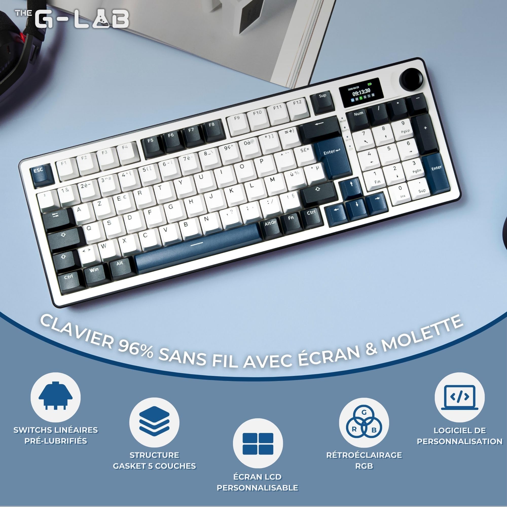 The G-Lab Keyz Elite 450 WB - Clavier Gamer sans Fil Ecran LCD RGB | AZERTY FR, Sans Fil Tri Mode 2.4GHz/Bluetooth/Filaire, Ecran LCD, Switch Mécanique Hot Swap Pré-lubrifiés, Gasket 5 Couches