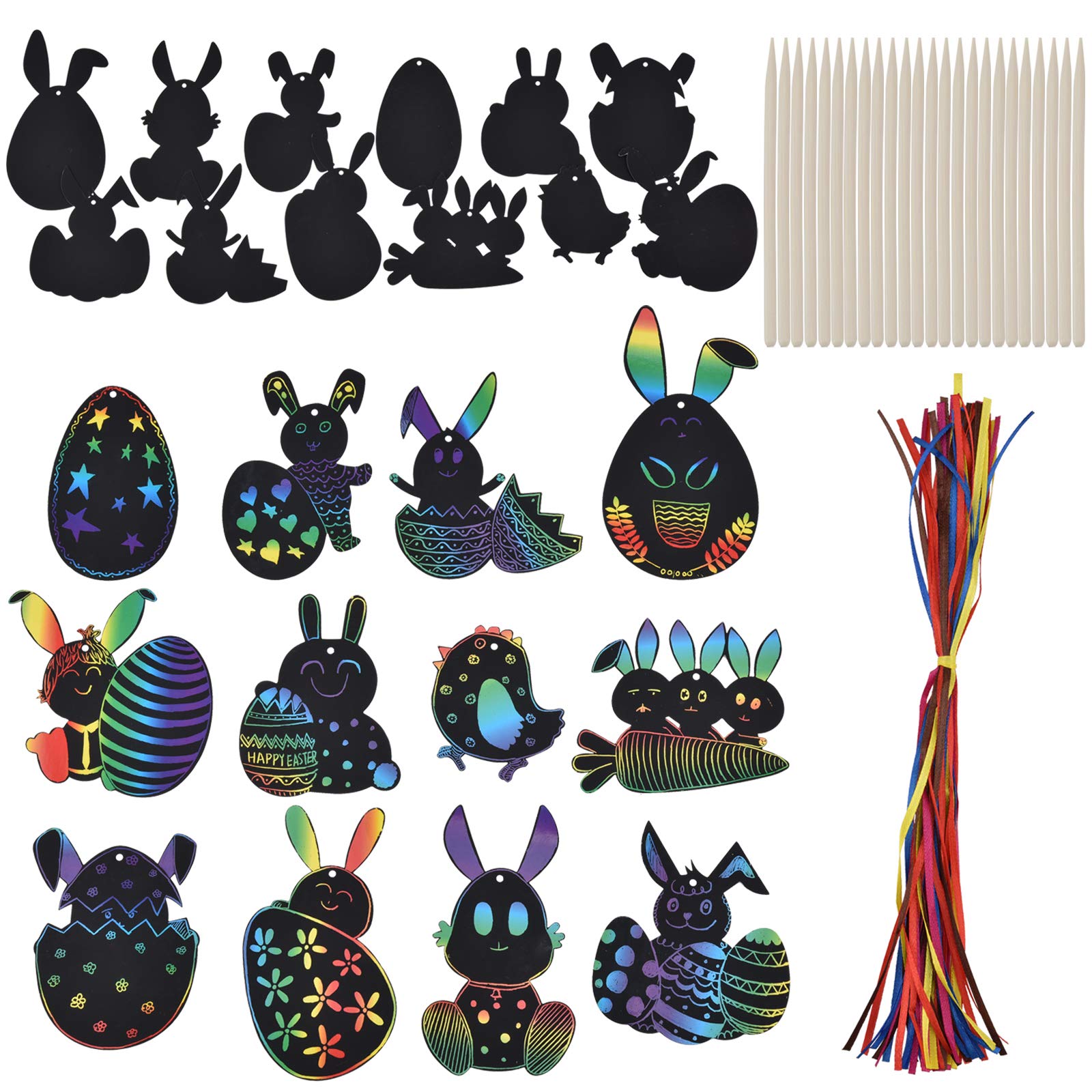 [48+48+12], Linkbro Easter Scratch Crafts Art Kit, Colorful Rainbow Scratch Paper Card, Easter Egg Bunny Chick Shape with Ribbons Wooden Scratch Tools abd Envelopes for Easter Party Egg Hunt Game