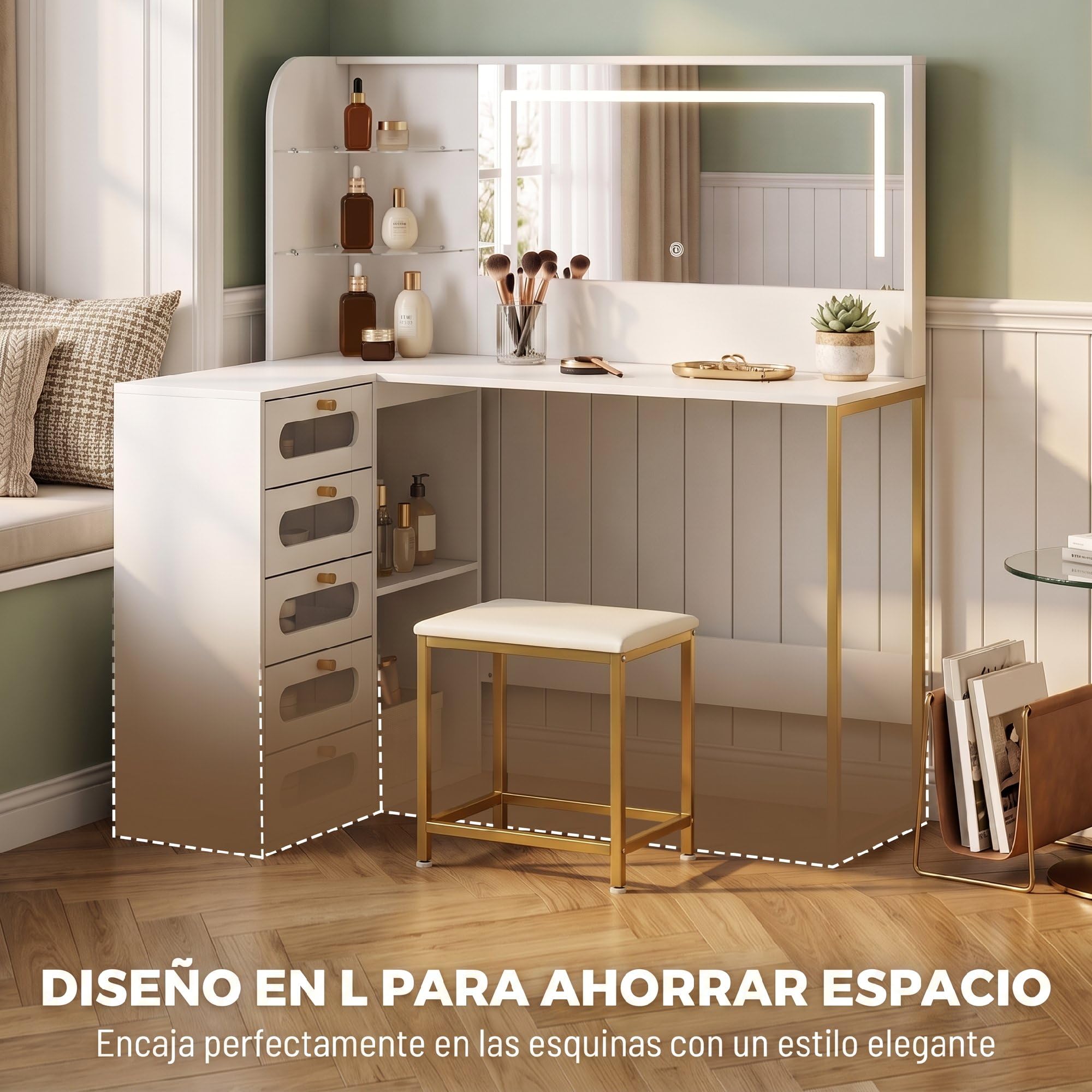 HOMCOM Tocador de Maquillaje con Espejo LED Regulables Taburete Blanco