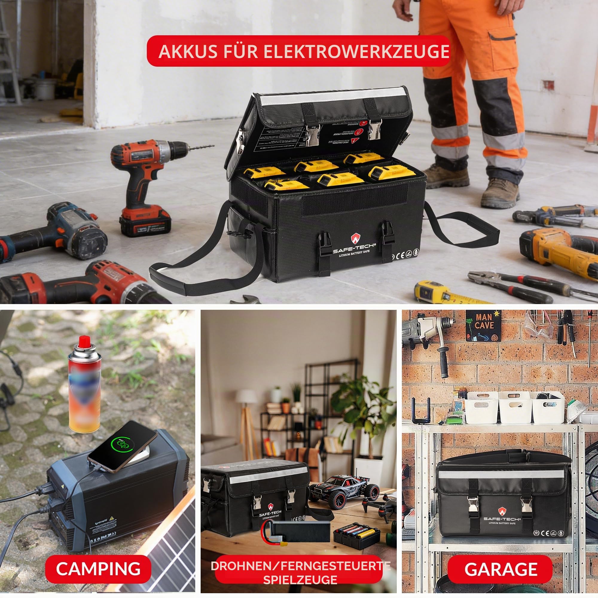 SAFE TECH Heavy Duty Feuerfeste Lipo Batterietasche 35 × 21 × 18 cm, Großer Batterie-Aufbewahrungskoffer mit verstellbaren Trennwänden für DeWalt, Makita LXT & Lithium-Ionen-Akkus