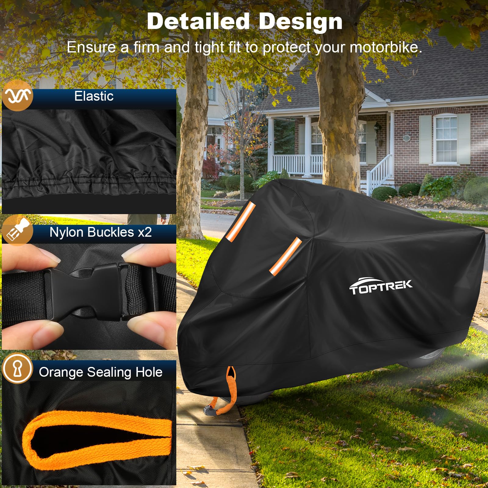 toptrek Motorbike Cover, 210D Oxford XXL Motorcycle Cover Waterproof with Orange Lock Holes and Windproof Buckles, Dustproof UV Protection Scooter Moped Cover for Motorbikes (96.5 x 41 x 50inch) — view 4