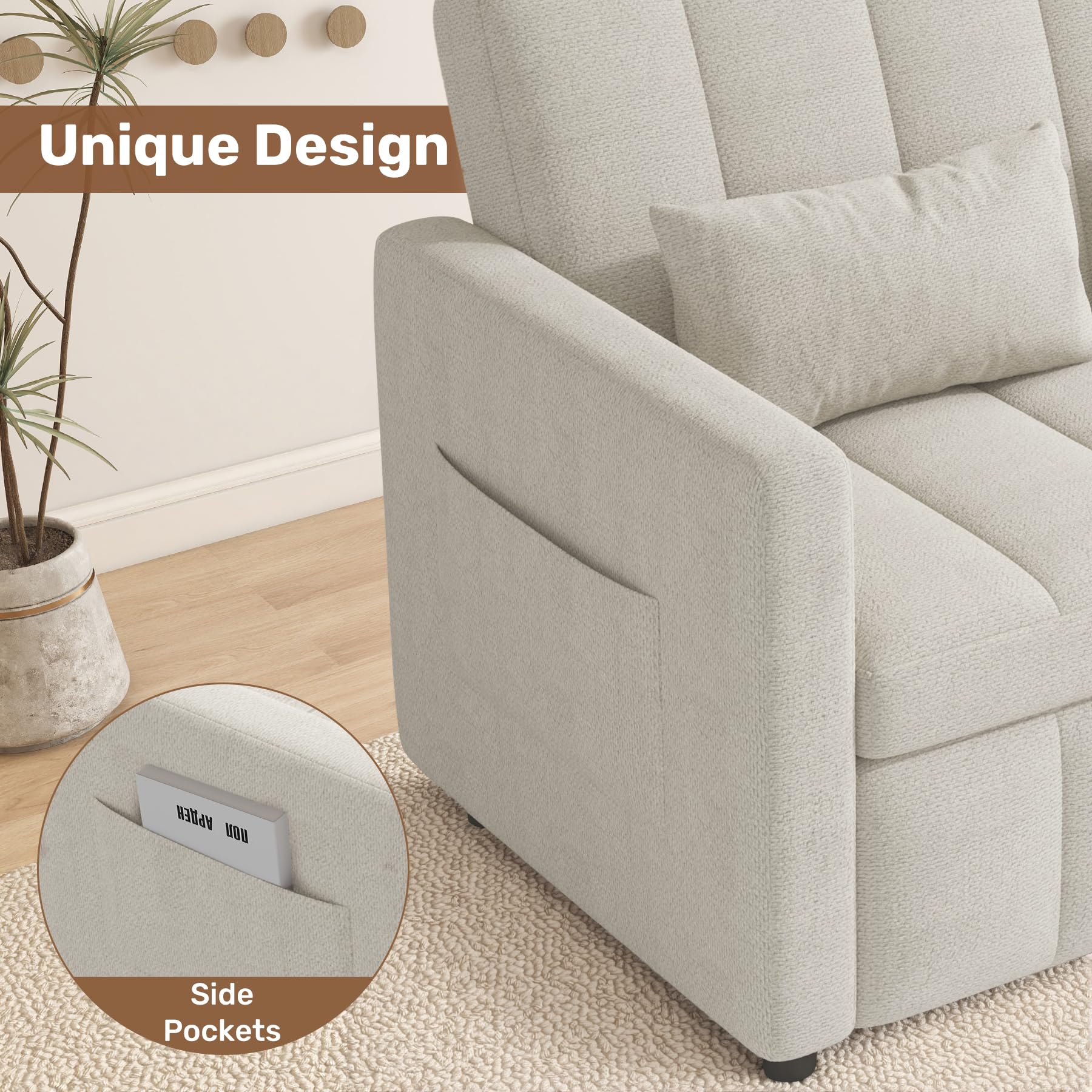Nebuaegis Sleeper Sofa Bed,3-in-1 Convertible Pull Out Couch with Adjustable Backrest for Living Room,Loveseat Sofa Bed with Side Pockets,Easy Assembly,Beige,1 PCS