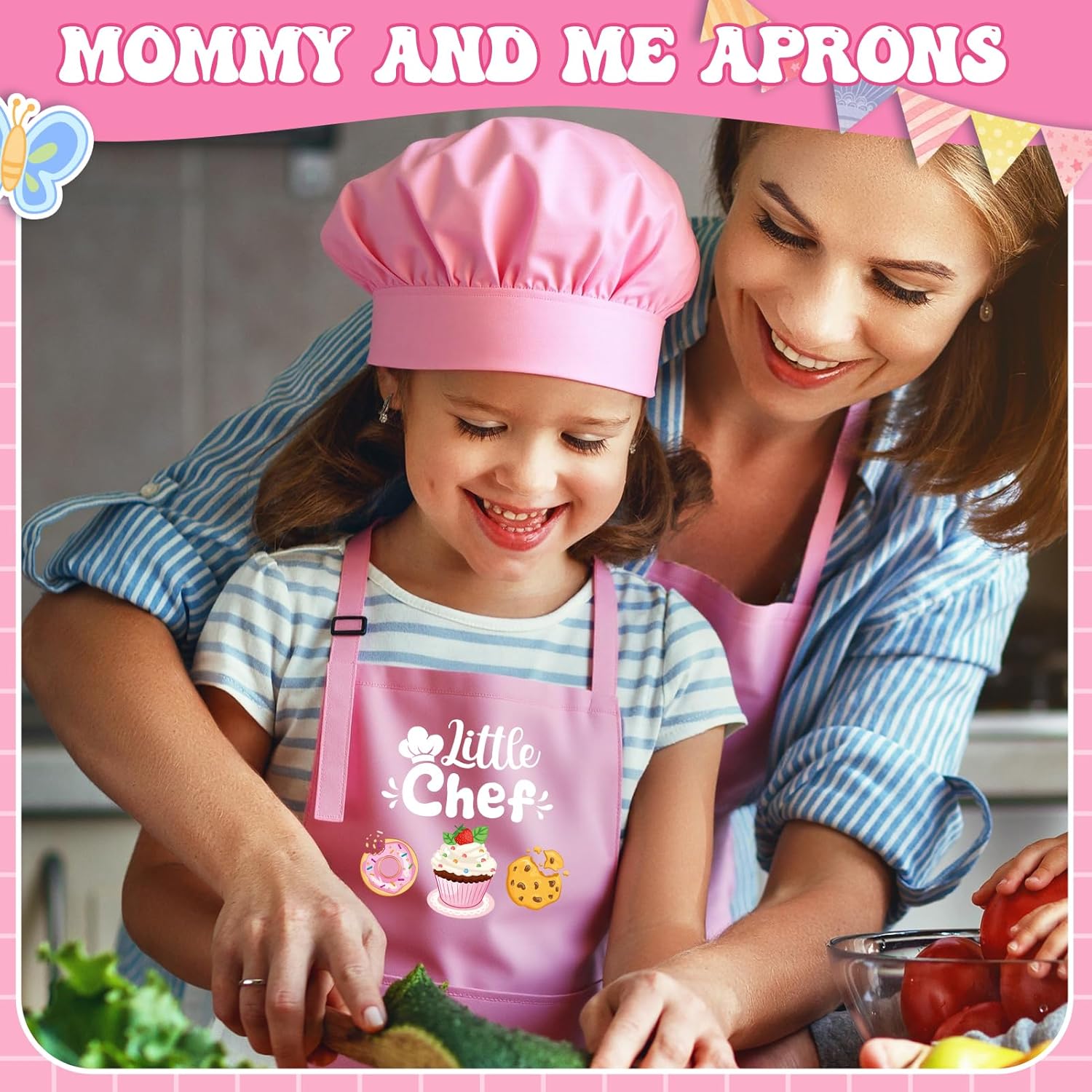 2 Pack Parent and Child Aprons Set, Mommy and Me Adjustable Kitchen Aprons with Pockets Adults Kids Matching Apron - Image 6