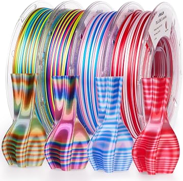 AMOLEN Silk 3D Printer Filament PLA Bundle, Shiny Multicolor Rainbow Filament Pack, Fast Color Change PLA 1.75mm 3D Printing Filament for Most FDM 3D Printer, 200g X 4 Spools