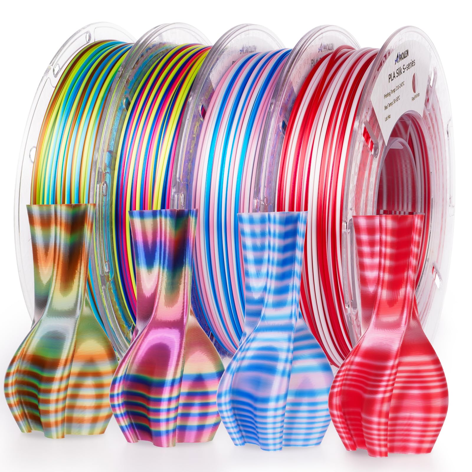 AMOLEN Silk 3D Printer Filament PLA Bundle, Shiny Multicolor Rainbow Filament Pack, Fast Color Change PLA 1.75mm 3D Printing Filament for Most FDM 3D Printer, 200g X 4 Spools