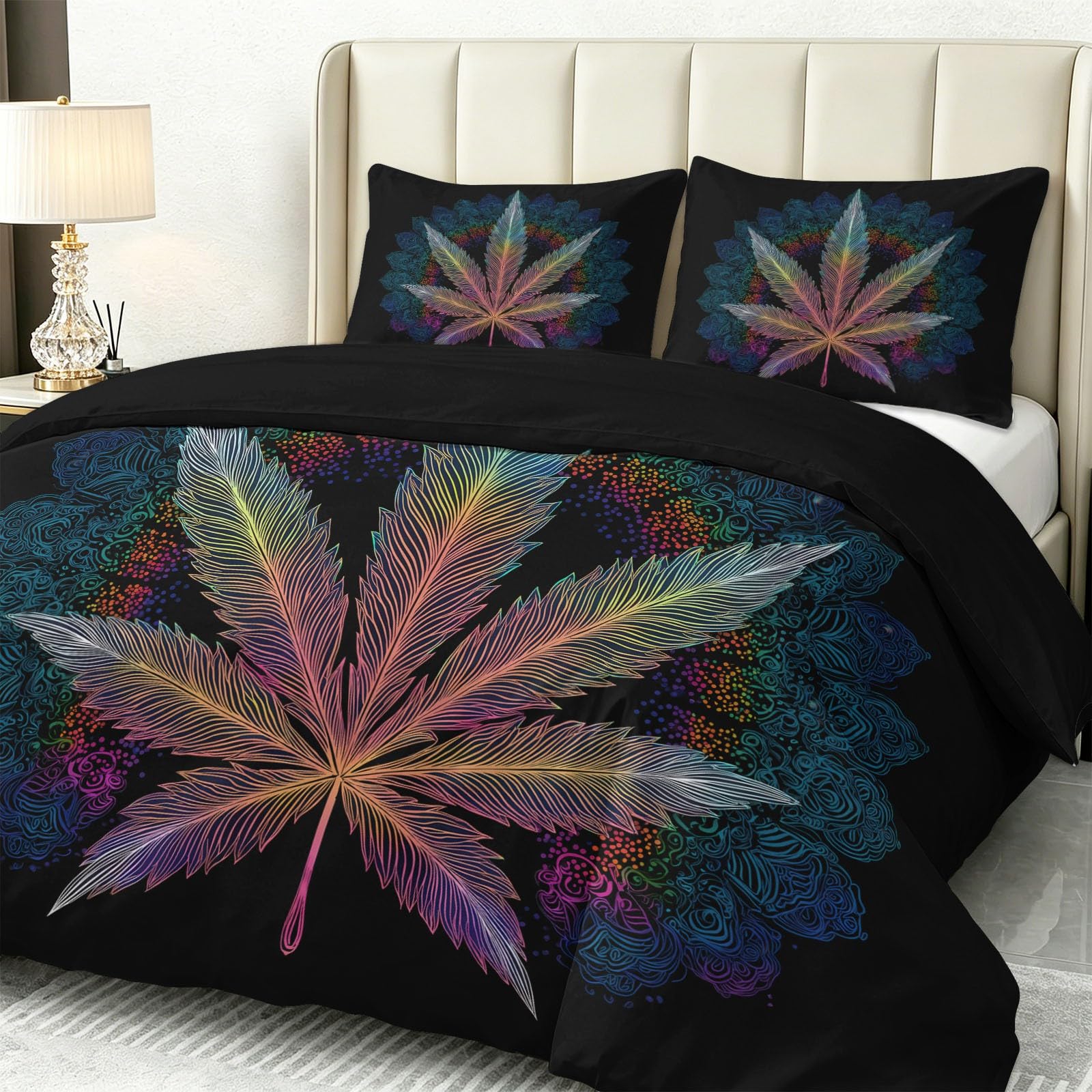 Biancheria da letto simmetrica con pianta di canapa e mandala, colore nero, stile psichedelico streetwear, in morbida microfibra, 155 x 220 cm, con 2 federe da 80 x 80 cm, per bambini, ragazze e