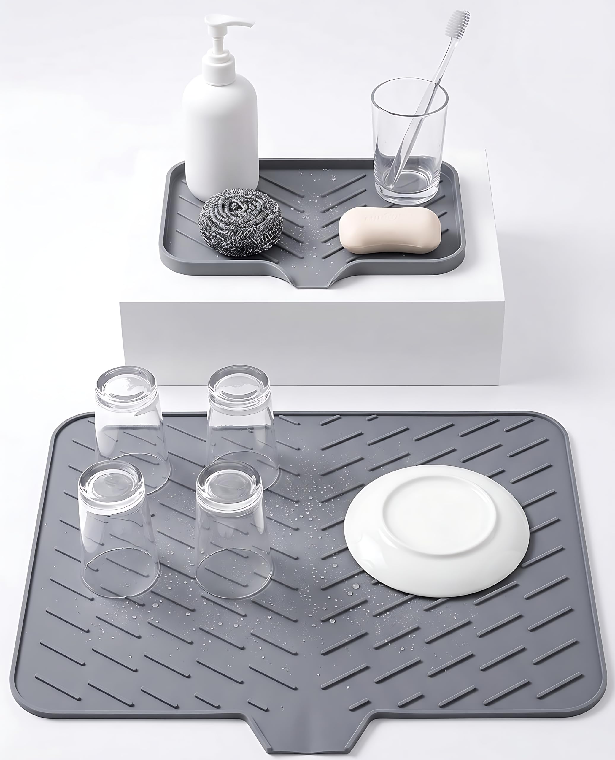 2-Piece Silicone Dish Drying Mat Set 42x56cm + 14x24cm, Large Mat & Small Tray, Heat Resistant, Easy to Clean, Anti-Slip Dish Drying Mat for Kitchen Countertop, Dishes, Cups & Plates, Grey-image-28