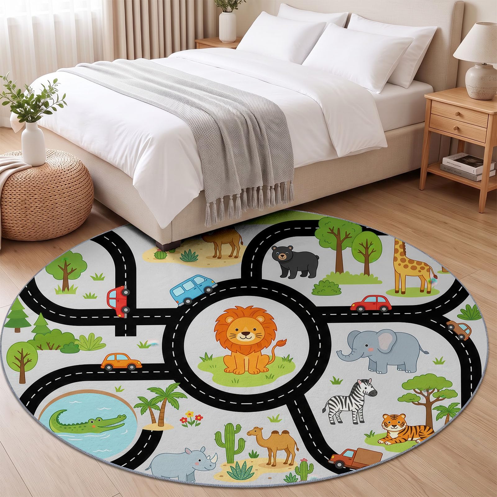 100 cm Tapis Rond De Style Animal Caricature Tapis Carte pour Enfant Lion Ultra Fin, Doux, Antidérapant, Lavable - Convient pour Chambre à Coucher Entrée Salle à Manger Dortoir Familial