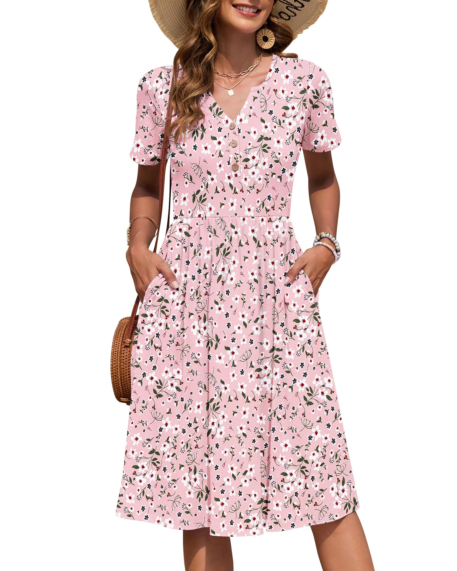 AUSELILY Damen Kurzarm Sommerkeider Knielange Sommer Kleider V-Ausschnitt mit Knöpfen Empire Midikleid mit Taschen Blumenrosa M