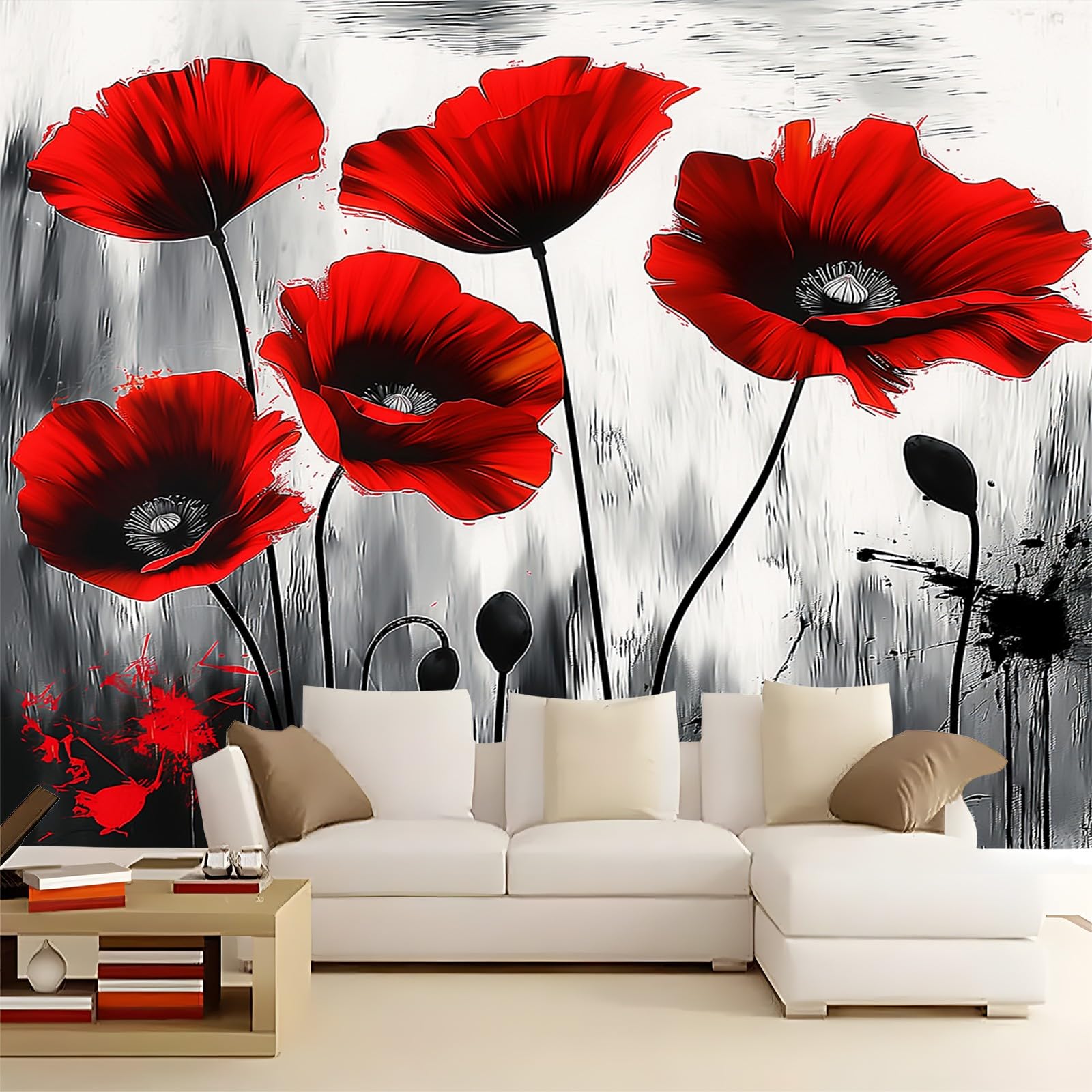 Tapeta 3D w stylu panoramicznym 400 x 280 cm eleganckie abstrakcyjne mak dekoracja ścienna, z czarno-czerwoną tapetą z włókniny do sypialni salonu spersonalizowana dekoracja ścienna