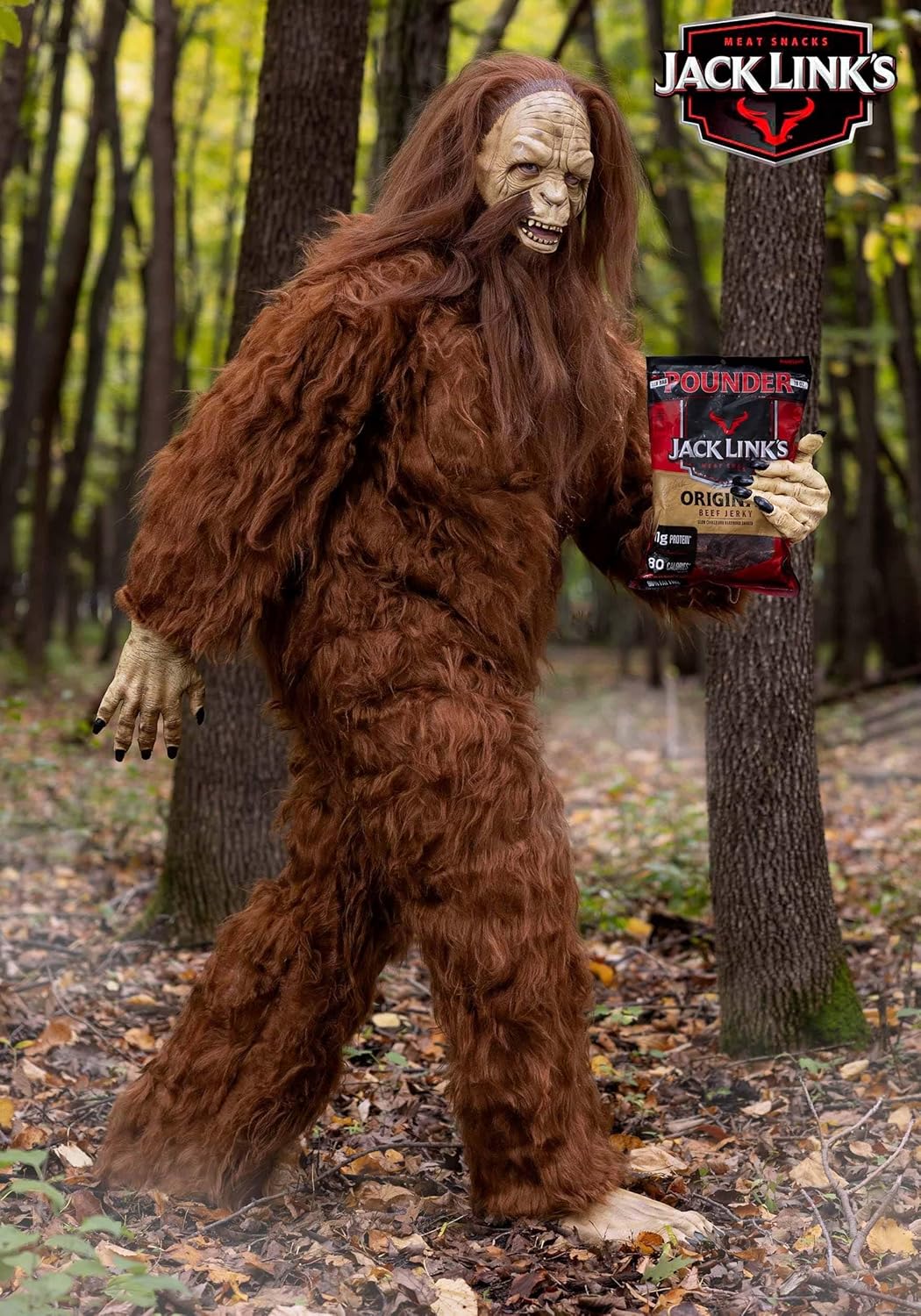 Authentic Plus Size Adult Jack Links Sasquatch Costume, Furry Bigfoot Mascot with Mask for Halloween & Cosplay