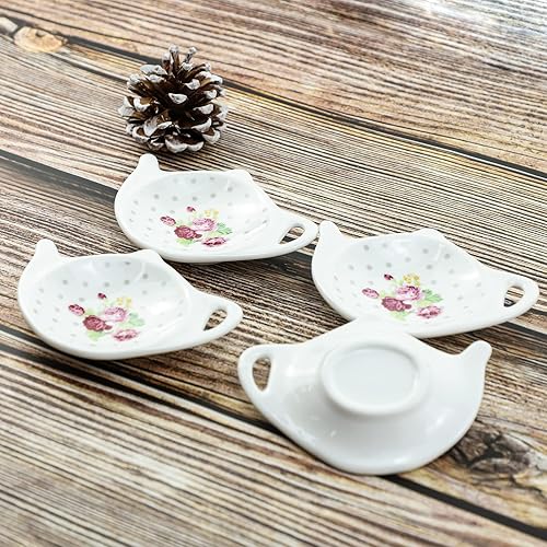 Miniatura 8 de Bicuzat Soporte para bolsitas de té con flores y pájaros, accesorios de porcelana para té, con forma de tetera, posavasos y platillos de descanso de