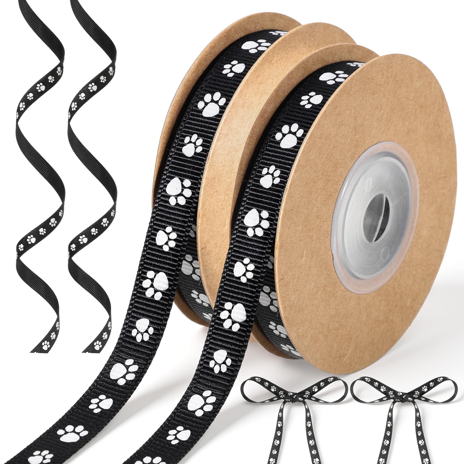 2 Rolls Paw Print Ribbon, 20 Yards Dog Paw Satin Ribbon, Dog-Paw Holiday Party Satin Ribbons for Christmas, Party, Gift, Vet Tech, Baby Shower, Birthday, Ornament, Wrap (Black Background + White Claw)