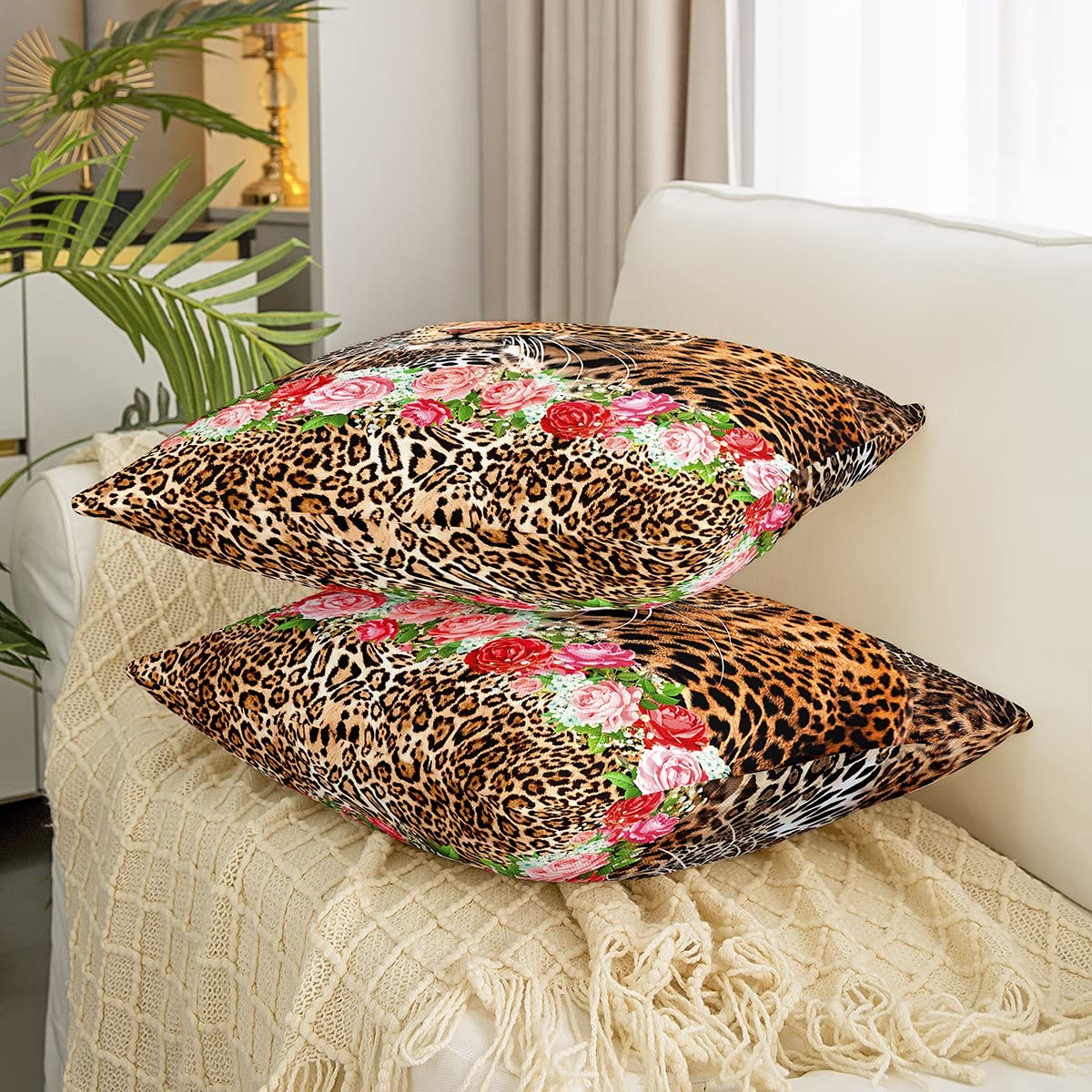 Homemissing Paquete de 4 fundas de almohada decorativas de leopardo, suaves, con estampado de guepardo, diseño de flores occidentales, cuadradas, para sofá, dormitorio, sala de estar, safari, fundas