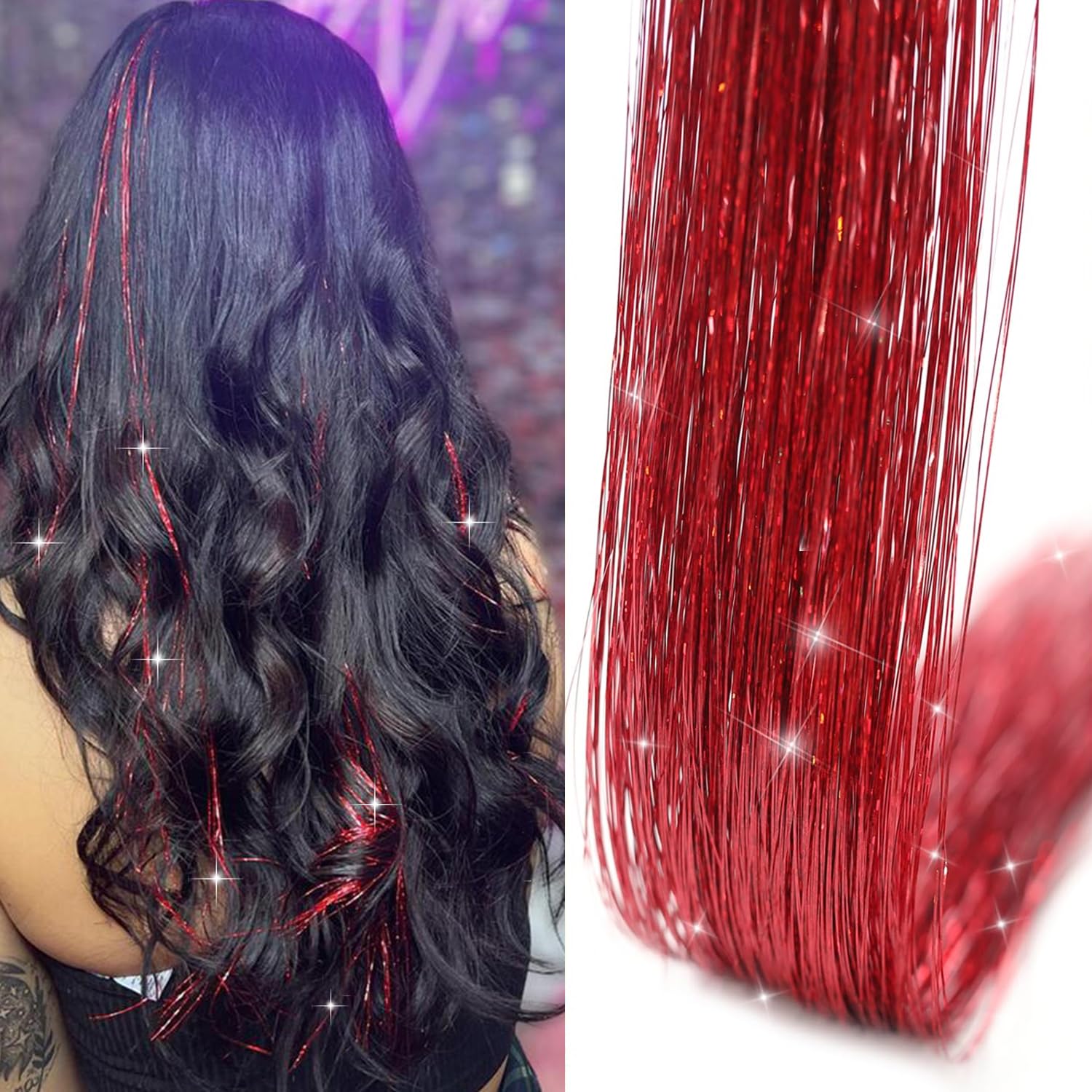 PORSMEER 12Pcs Clip in Hair Tinsel Kit,Colorful Red Glitter Heat Resistant Hair Tinsel Extensions Fairy Hair with Clips - Image 3