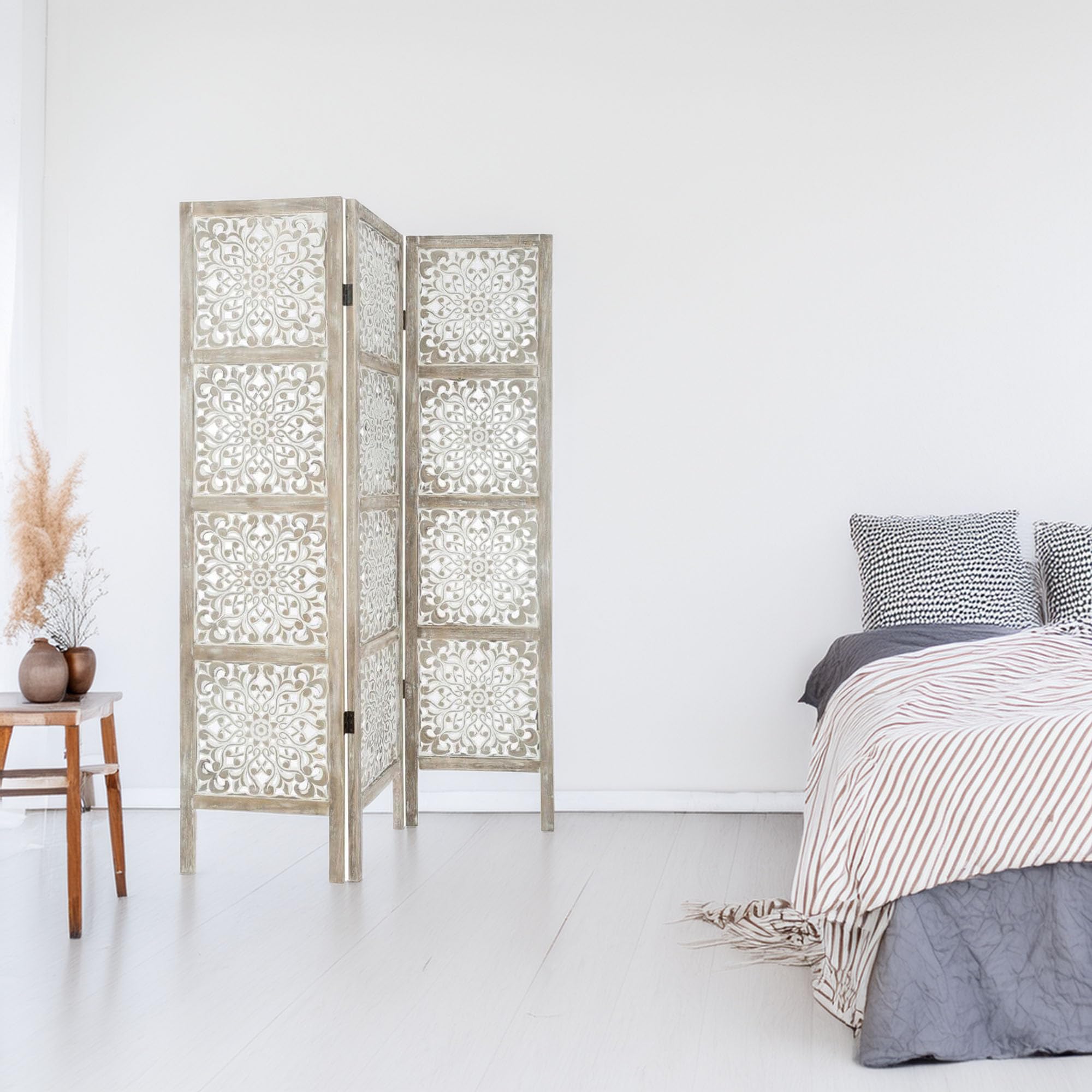 Well Home - Pantalla en Madera Etnik con Estampados en Color Blanco