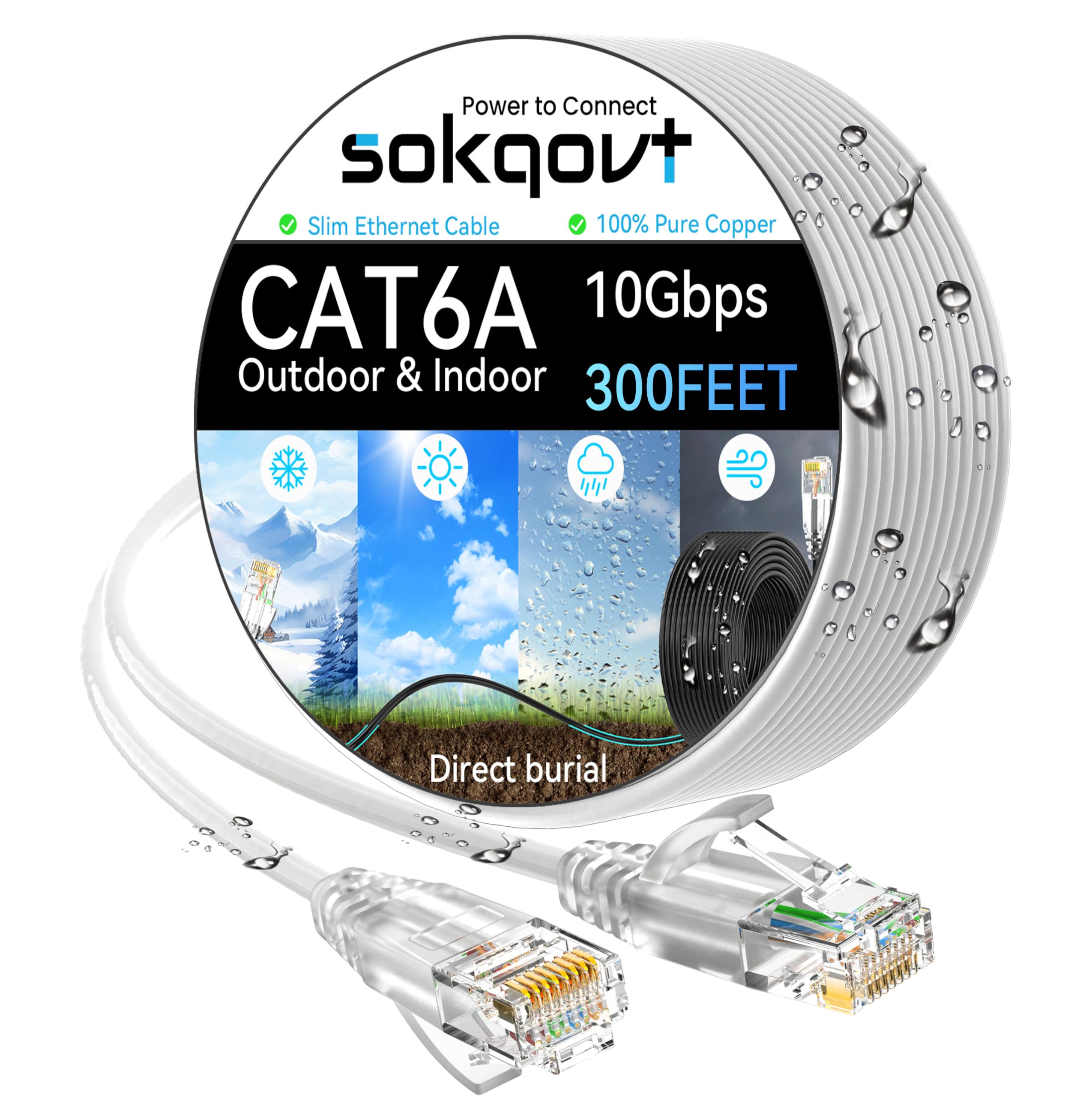 Cat6a Ethernet Cable Slim 300ft Outdoor&Indoor, 28AWG Pure Copper Cat6 Internet Cable for Waterproof & Direct Burial, Flexible Cat6 Ethernet Cable 10G