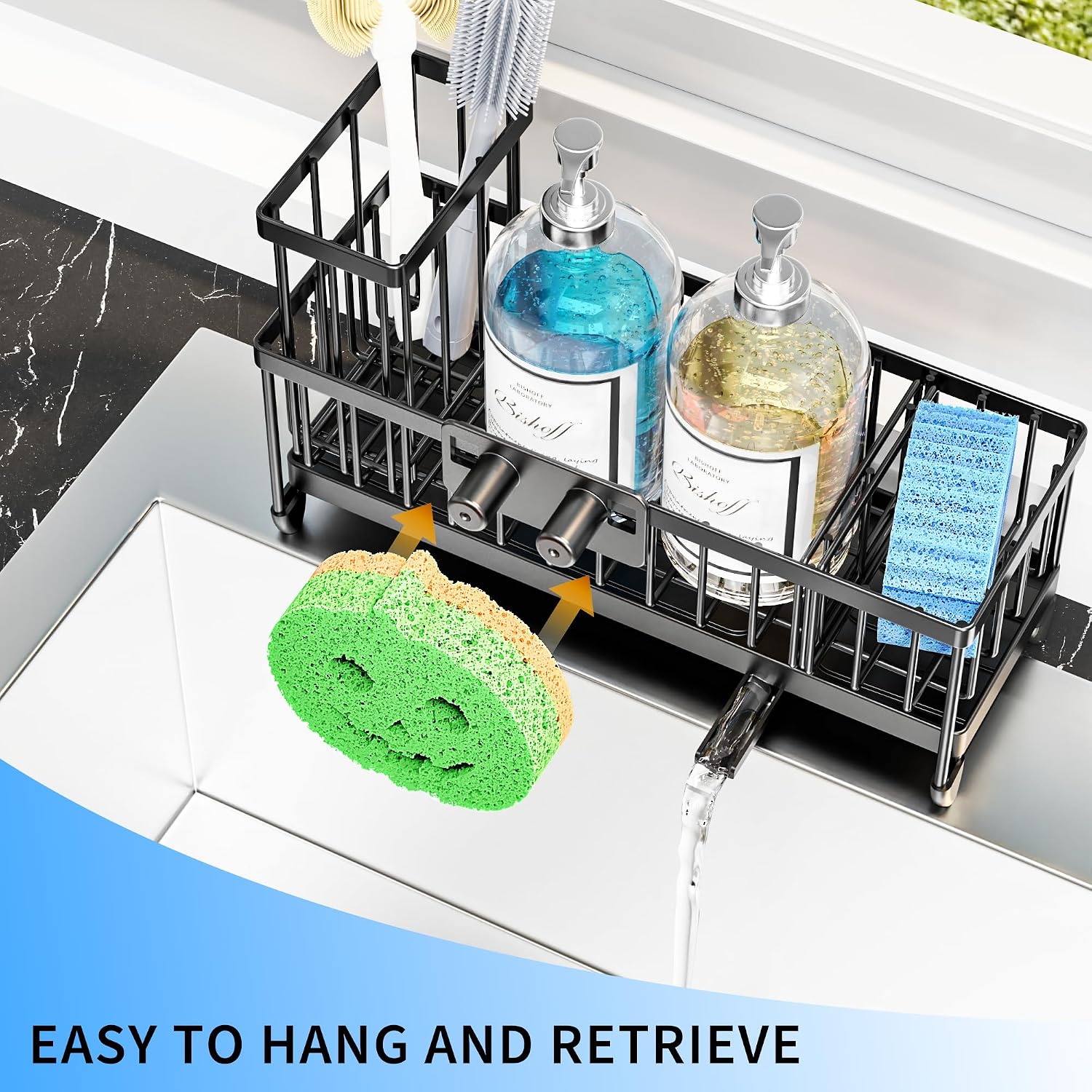 Moforoco Larger Version Sponge Holder for Kitchen Sink, Sink Caddy with High Brush Holder, Kitchen Sink Organizer Countertop Rustproof 304 Stainless Steel (Black with Smiley Face Holder)