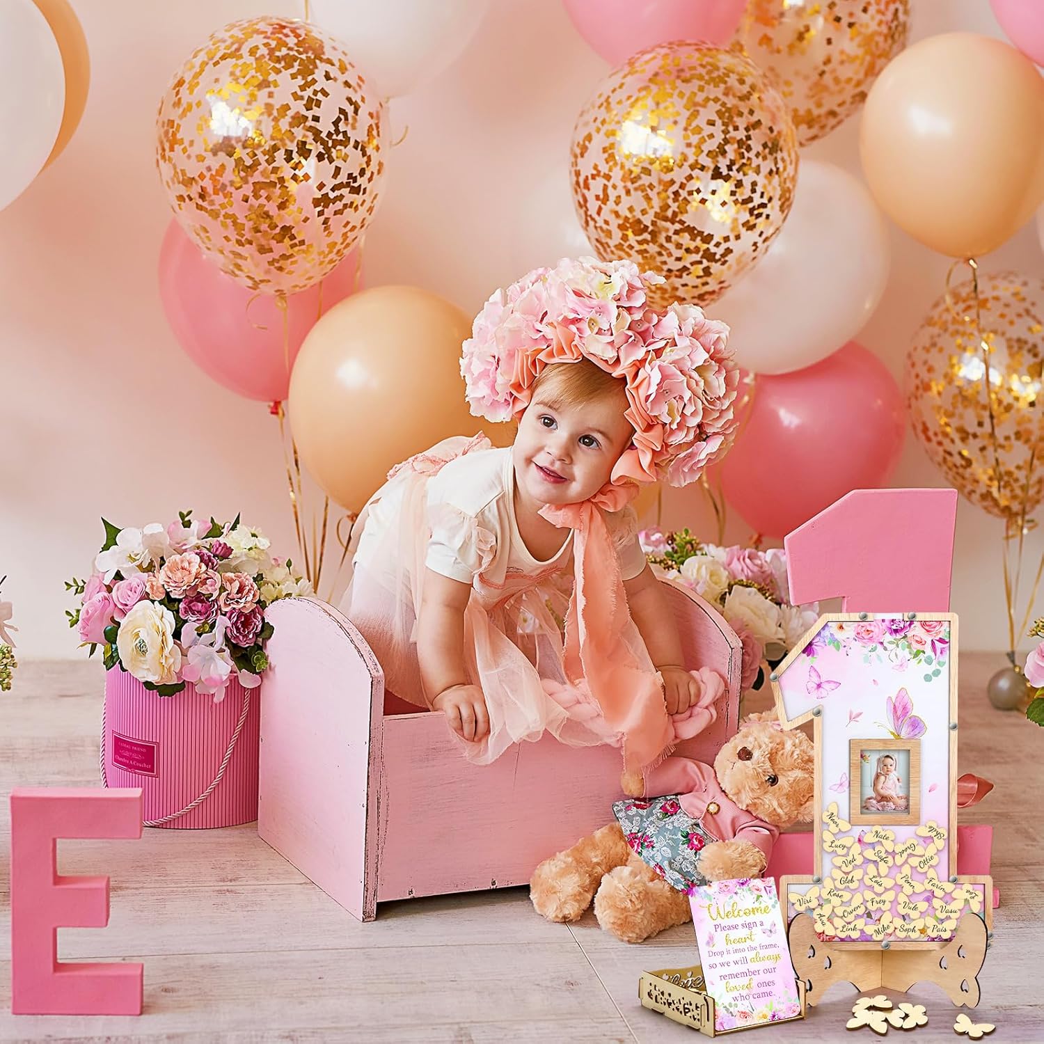 SiliFine 64 Pcs 1st Birthday Decorations Guest Book Alternatives First Birthday Baby Shower Decoration Party Favors Centerpieces Photo Frame Sweet One Birthday Party Supplies Birthday Signature Book