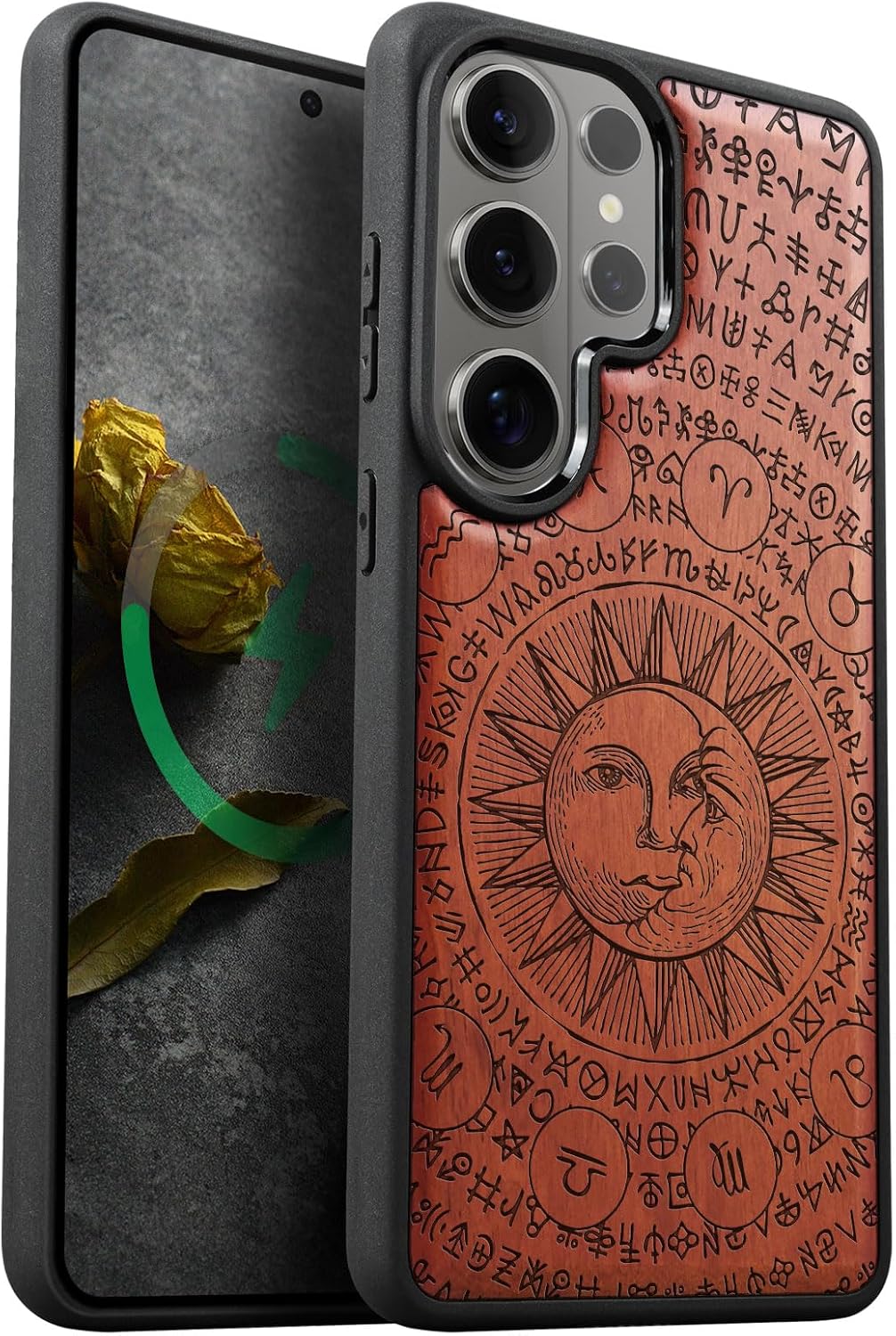 Carveit Magnetic Wooden Case for Samsung Galaxy S26 Ultra Case 2026, TPU Shockproof Cover & Wood Artisan Engraved, Compatible with MagSafe Wireless Chargers (Sun and Moon) Rosy