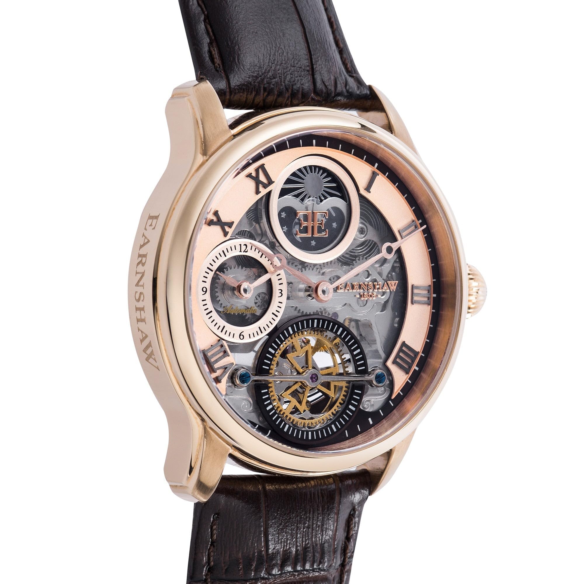 Thomas Earnshaw Reloj de pulsera para hombre ES-8063, 44 mm de longitud, doble hora, automático, esqueleto con correa de cuero genuino