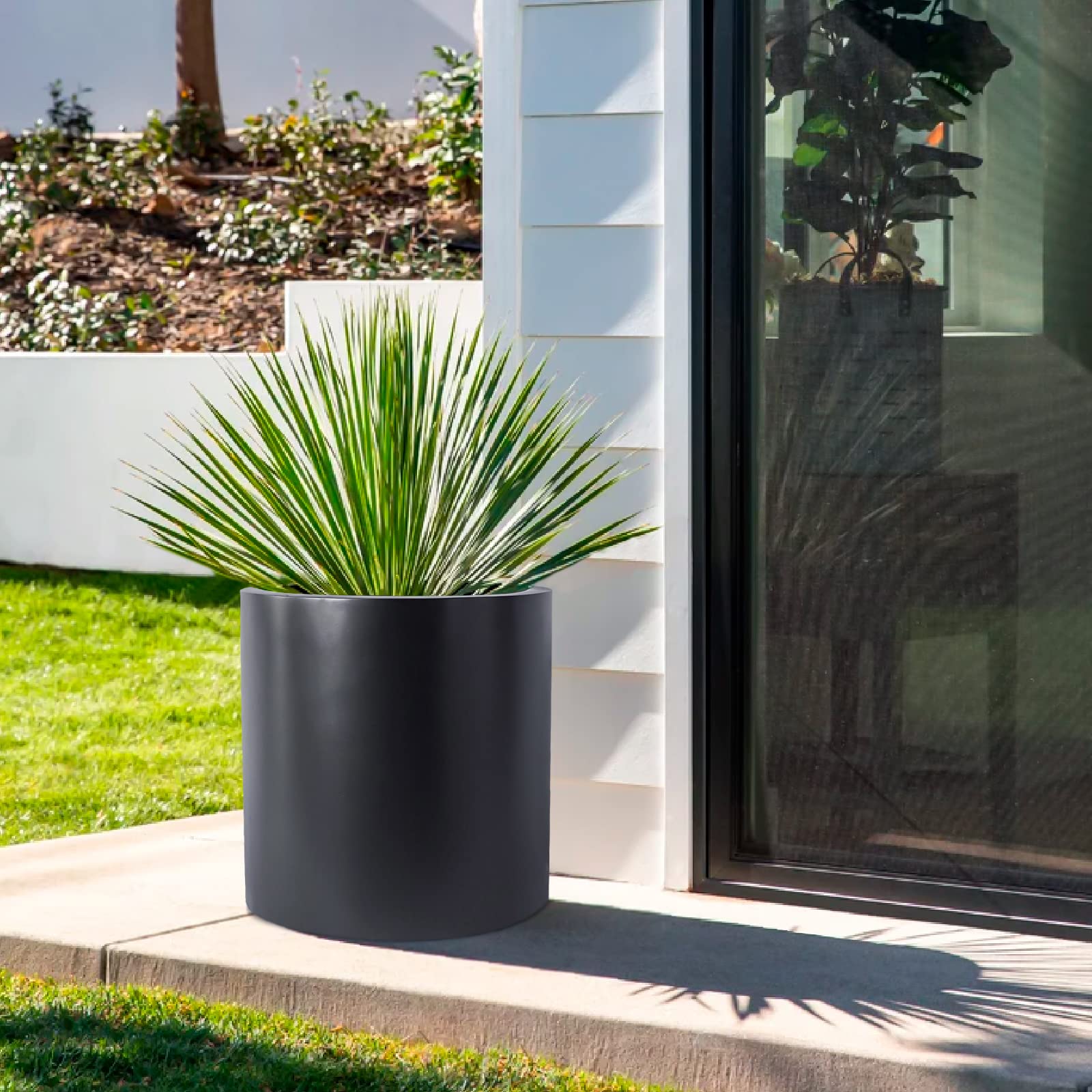 300 MM Round Indoor Outdoor Balcony Planter - Black Flower Pot with Drainage Holes for Home, Garden, Office, Living Room Decor - FRP Plant Container