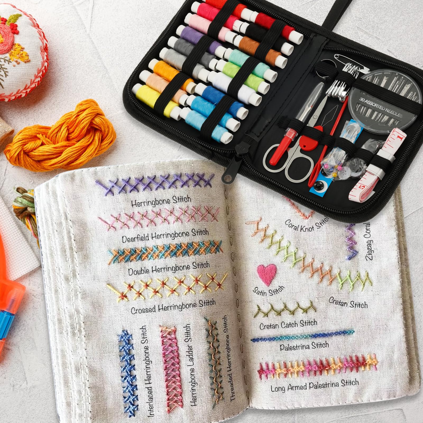 Shaojian Black And Grey Embroidery Books, Diy Embroidery Stitch Book With Small Sewing Kit, Different Stitch Book With Needle And Thread Kit For Beginners & Enthusiasts, Linen Fabric Floral Pattern Sewing Guide Tool