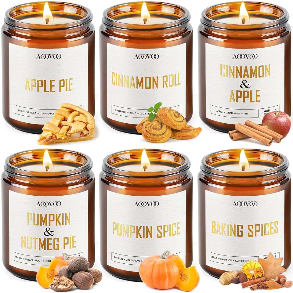 AOOVOO Fall Scented Candles - 6 PC Soy Candle, 42 oz | Apple Pie/Cinnamon Roll/Cinnamon Apple/Pumpkin Nutmeg Pie/Pumpkin Spice/Baking Spice