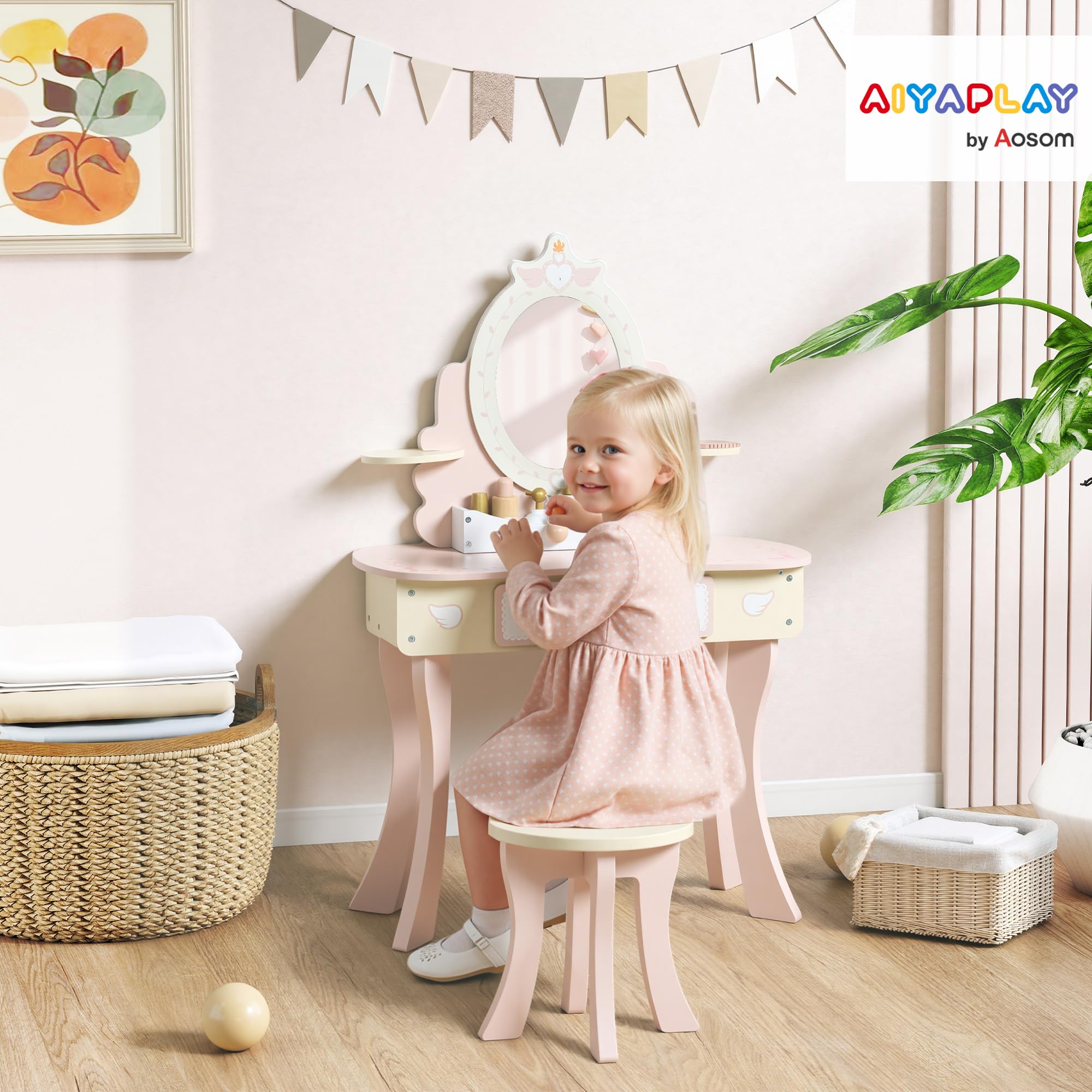 AIYAPLAY Tocador para Niñas, Tocador de Maquillaje Niñas, 2 en 1, Escritorio, con Taburete, Espejo, Cajón, 7 Accesorios, a Partir de 3 Años, Rosa