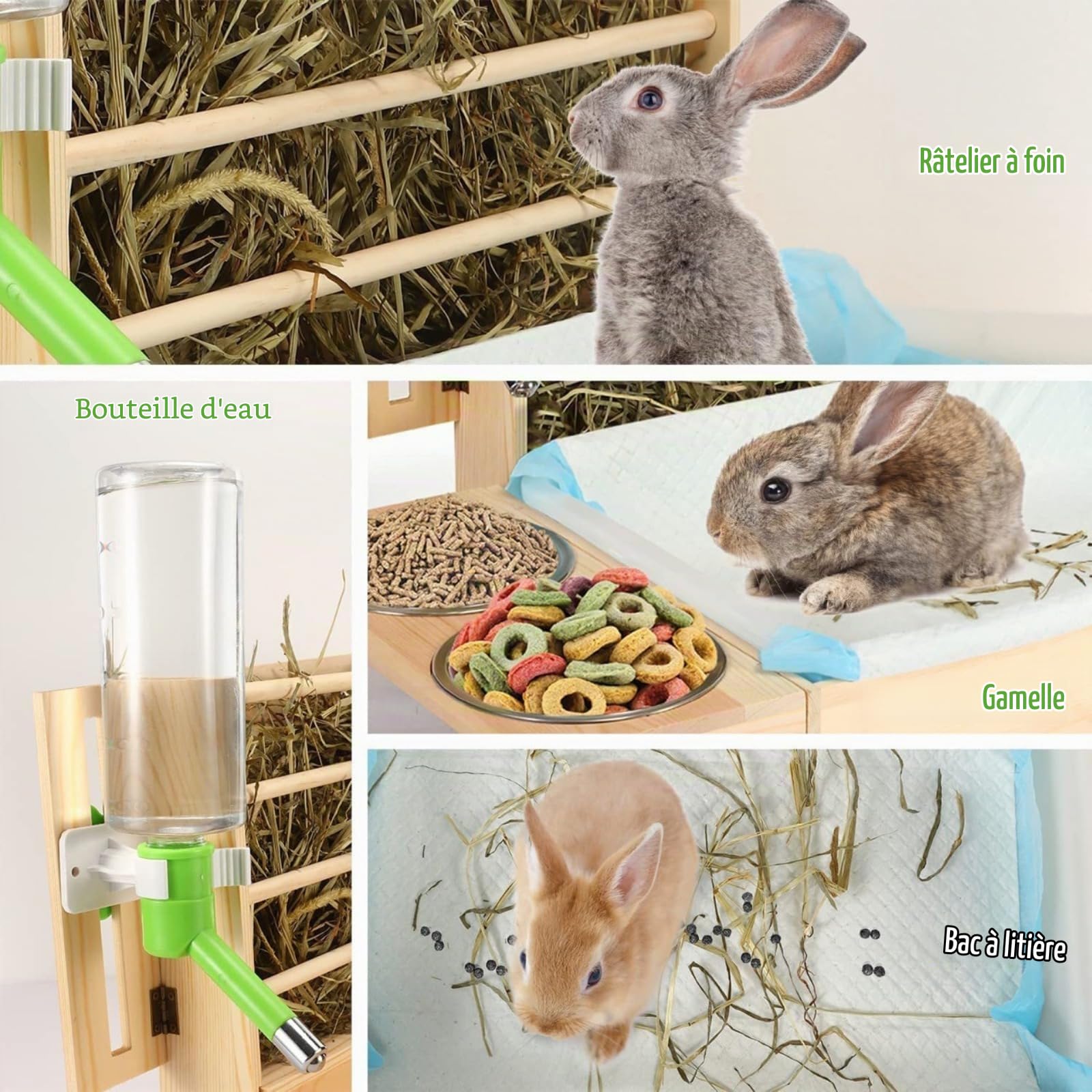 Mangeoire à Foin pour Lapin, mangeoire à Lapin en Bois avec bac à litière et Bols, ratelier foin lapin,mangeoire lapin,litiere lapin,ratelier foin,mangeoire à Foin pour Lapins, Petits Animaux de Compa