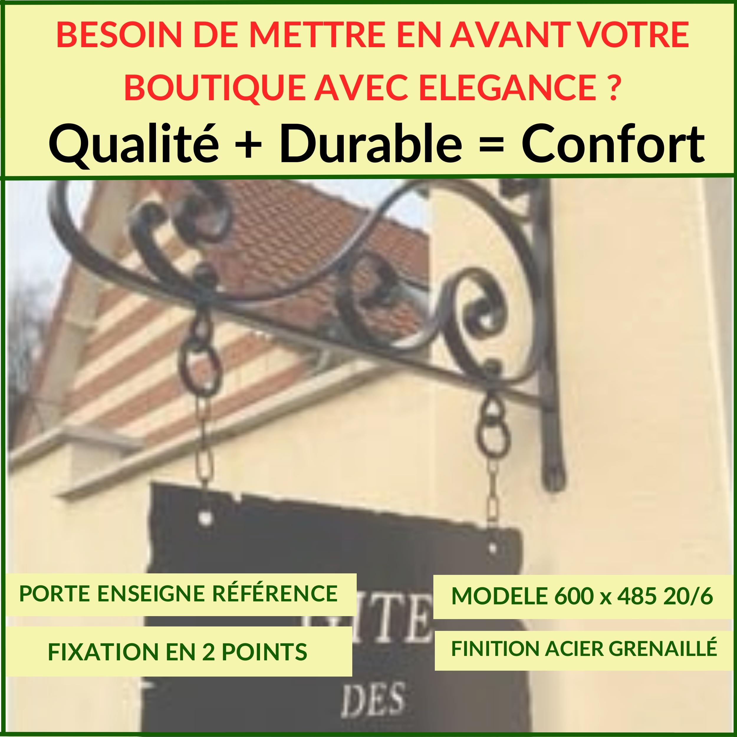 Déco fer Forgé- PORTE ENSEIGNE en Fer Forgé -ACIER DECORATION Durable efficacité Pieces -H 485 x 600 mm En Fer Plat de 20/6 mm -Support Mural Usage Interieur Exterieur Satisfaction Garantie Robuste