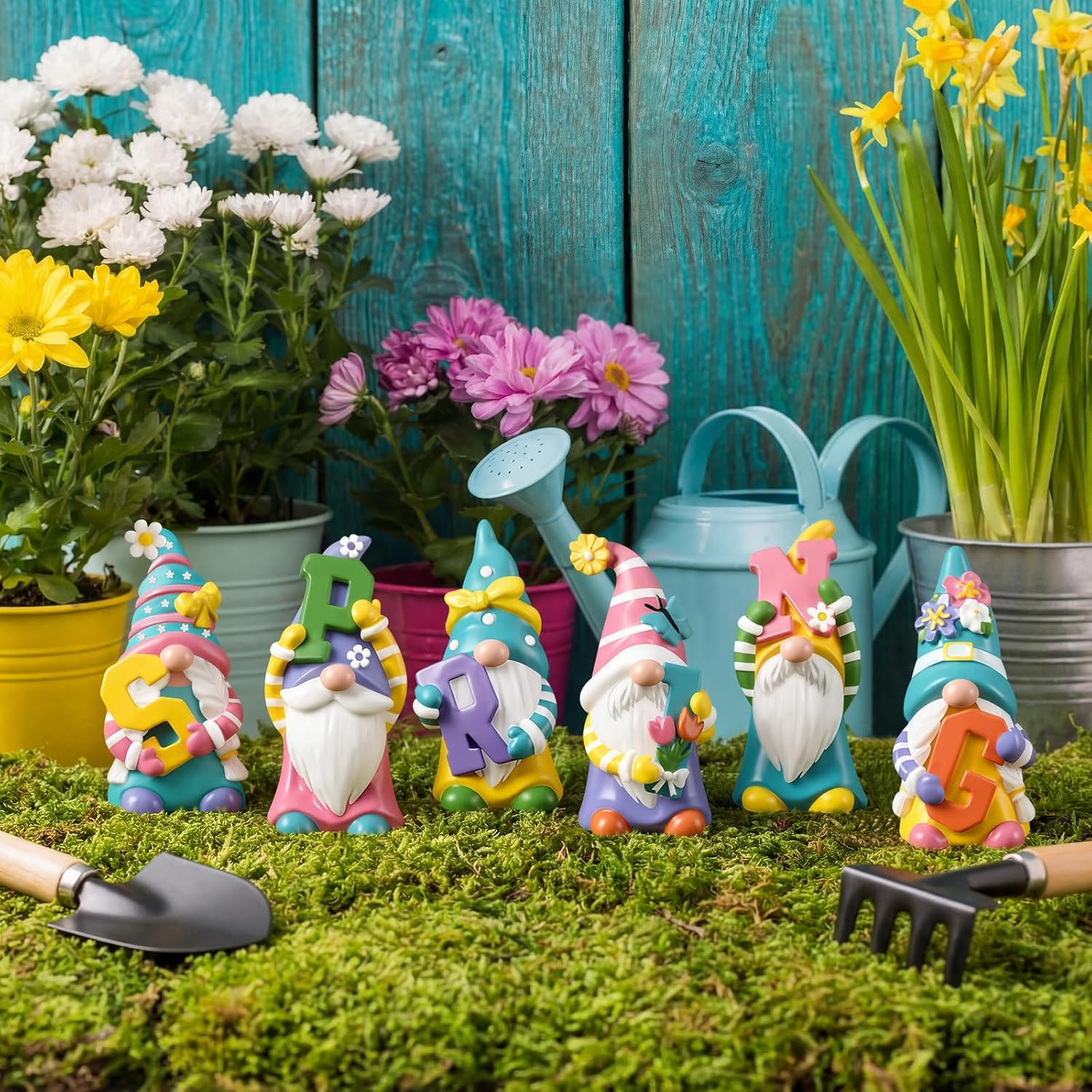 ShinyRelief 6 Pcs Spring Figurines Resin Gnome Tabletop Purple Pink Yellow Floral Sculpture Decoration Flower Table Centerpiece for Dining Room Home Party Supplies Gifts Decor