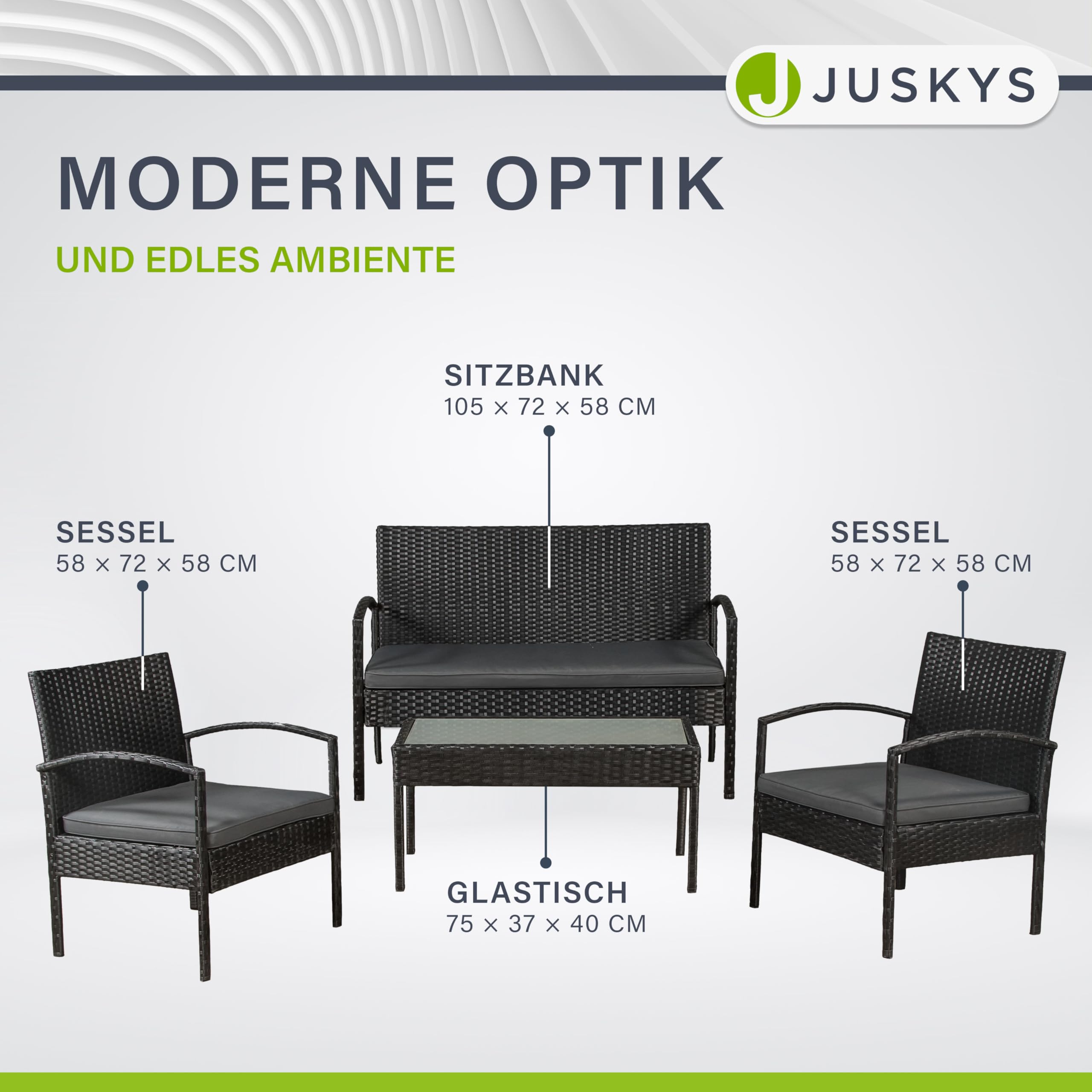 Juskys Polyrattan Gartenmöbel Set Trinidad mit Tisch, Sofa & 2 Stühlen - 4 Personen - Sitzkissen grau - Balkonmöbel Sitzgruppe Balkonset Garten Balkon